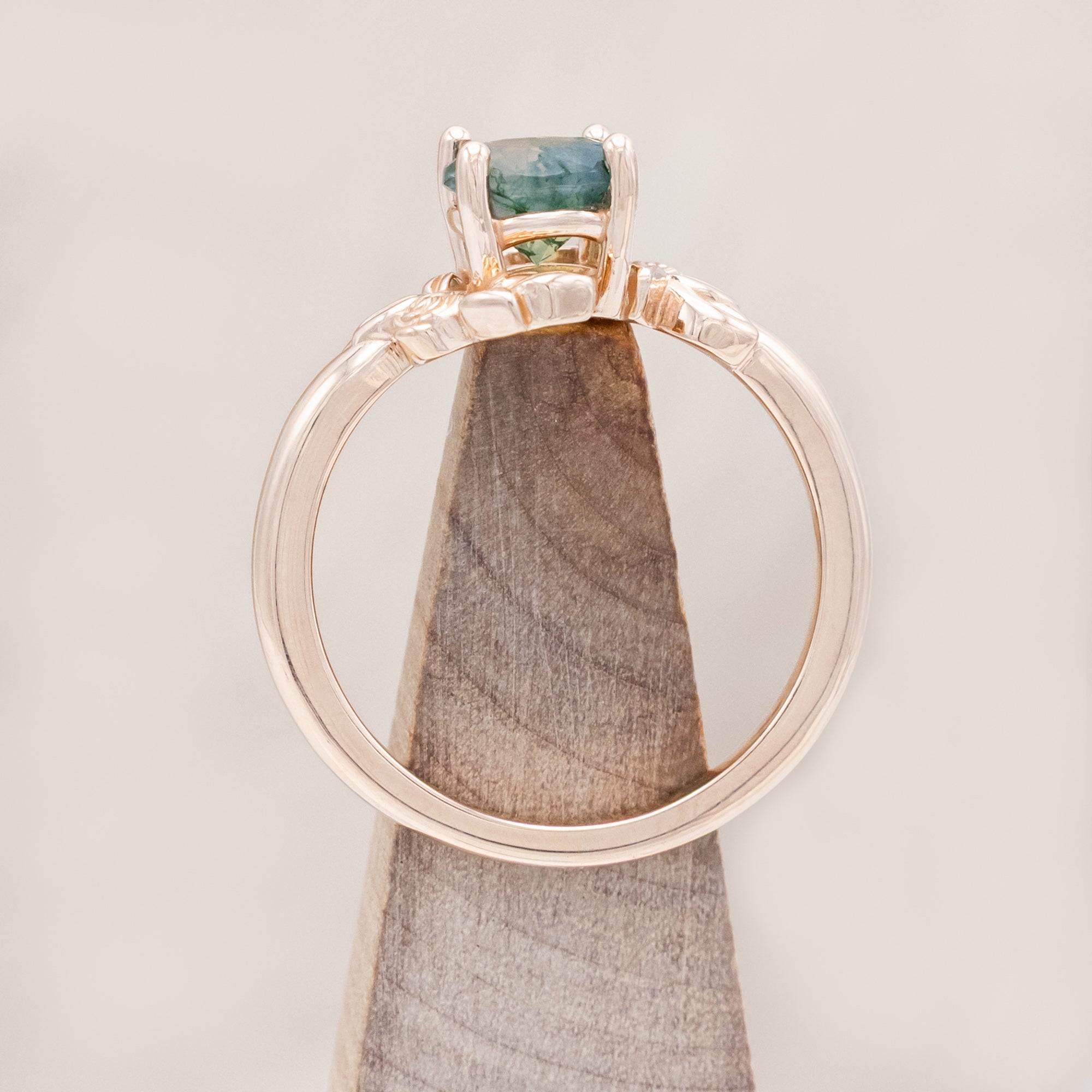 "ROSA" - ROUND CUT MOSS AGATE SOLITAIRE ENGAGEMENT RING WITH FLOWER ACCENTS-Staghead Designs