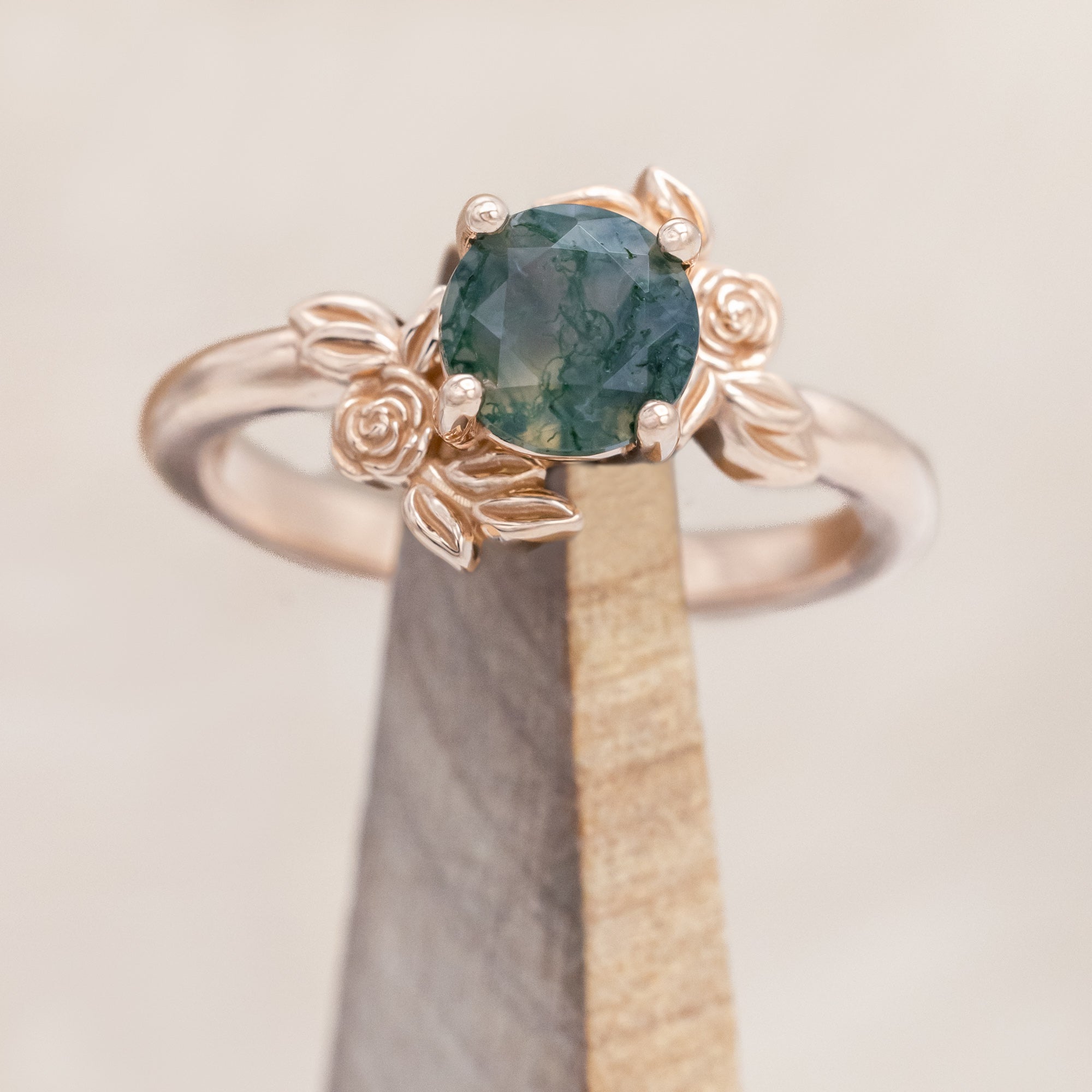 "ROSA" - ROUND CUT MOSS AGATE SOLITAIRE ENGAGEMENT RING WITH FLOWER ACCENTS-Staghead Designs