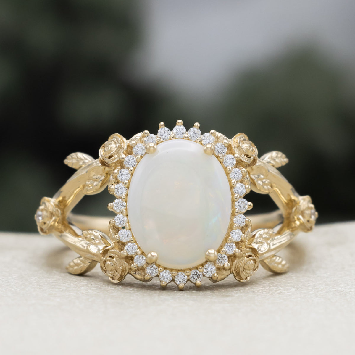 "Roselle" - Oval Cabochon Cut Australian Opal Engagement Ring With Diamond & Rose Accents