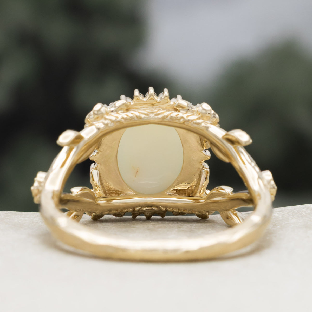 "Roselle" - Oval Cabochon Cut Australian Opal Engagement Ring With Diamond & Rose Accents