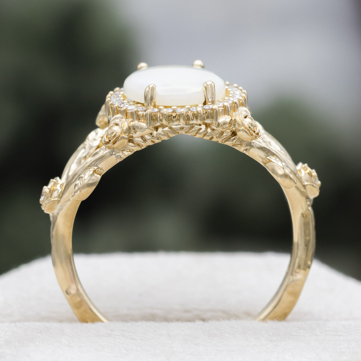 "Roselle" - Oval Cabochon Cut Australian Opal Engagement Ring With Diamond & Rose Accents