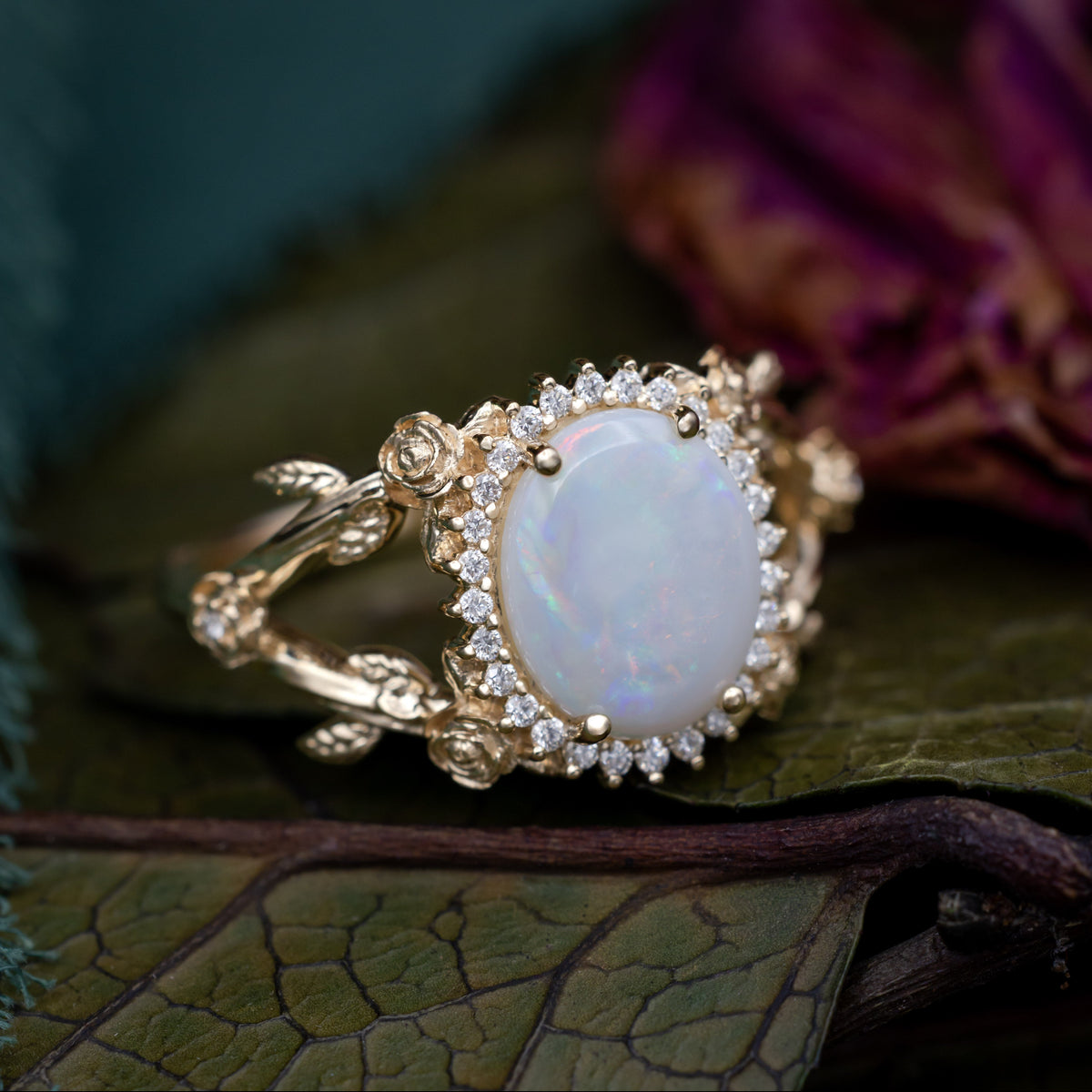 "Roselle" - Oval Cabochon Cut Australian Opal Engagement Ring With Diamond & Rose Accents
