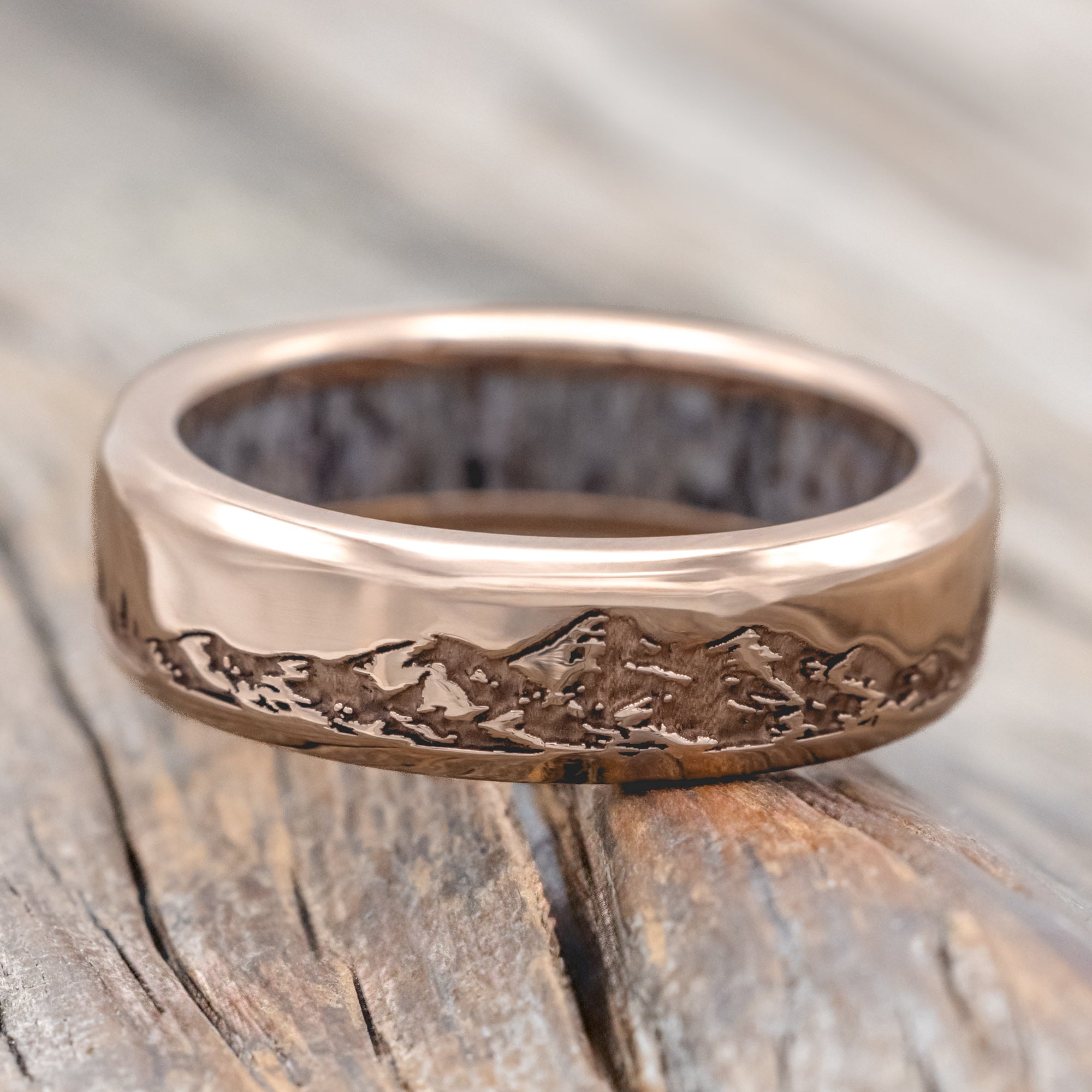 "ROSS" - MOUNTAIN & FOREST ENGRAVED WEDDING BAND WITH CUSTOM LINING - 14K ROSE GOLD (6MM) - SIZE 7 3/4-Staghead Designs