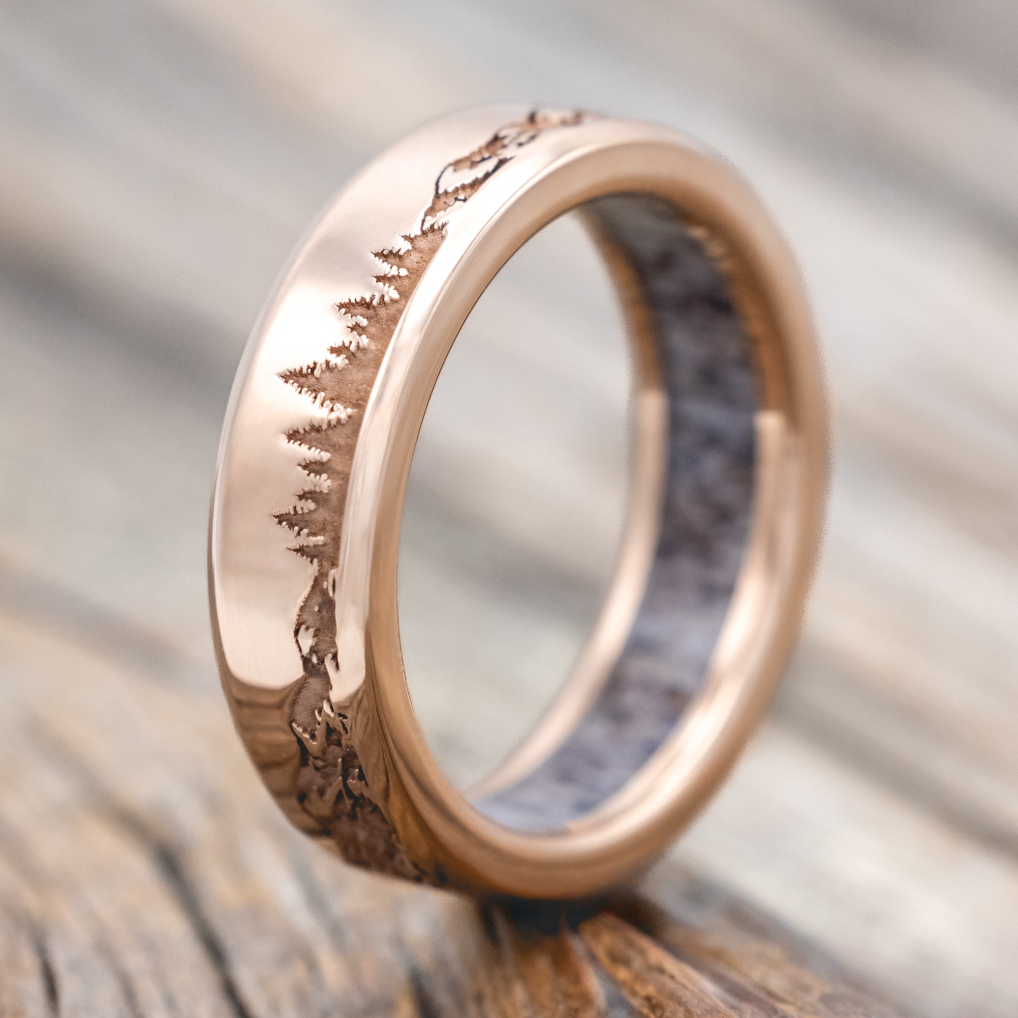 "ROSS" - MOUNTAIN & FOREST ENGRAVED WEDDING BAND WITH CUSTOM LINING - 14K ROSE GOLD (6MM) - SIZE 7 3/4-Staghead Designs