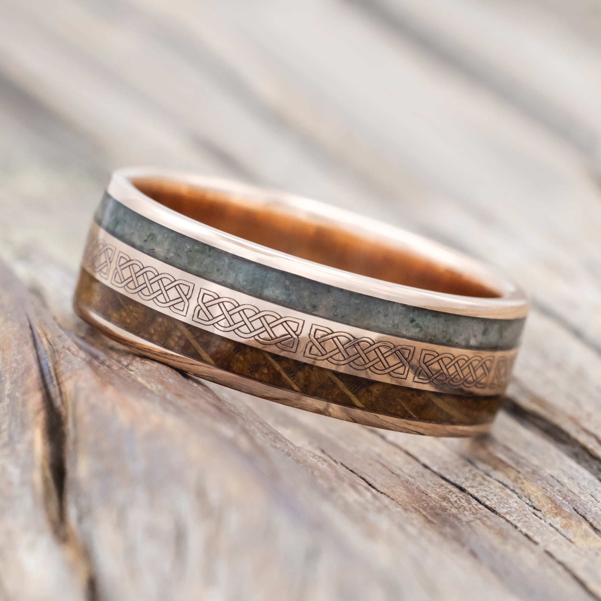 "RYDER" - CELTIC SAILOR'S KNOT ENGRAVED WITH WHISKEY BARREL & MOSS AGATE WEDDING RING-Staghead Designs