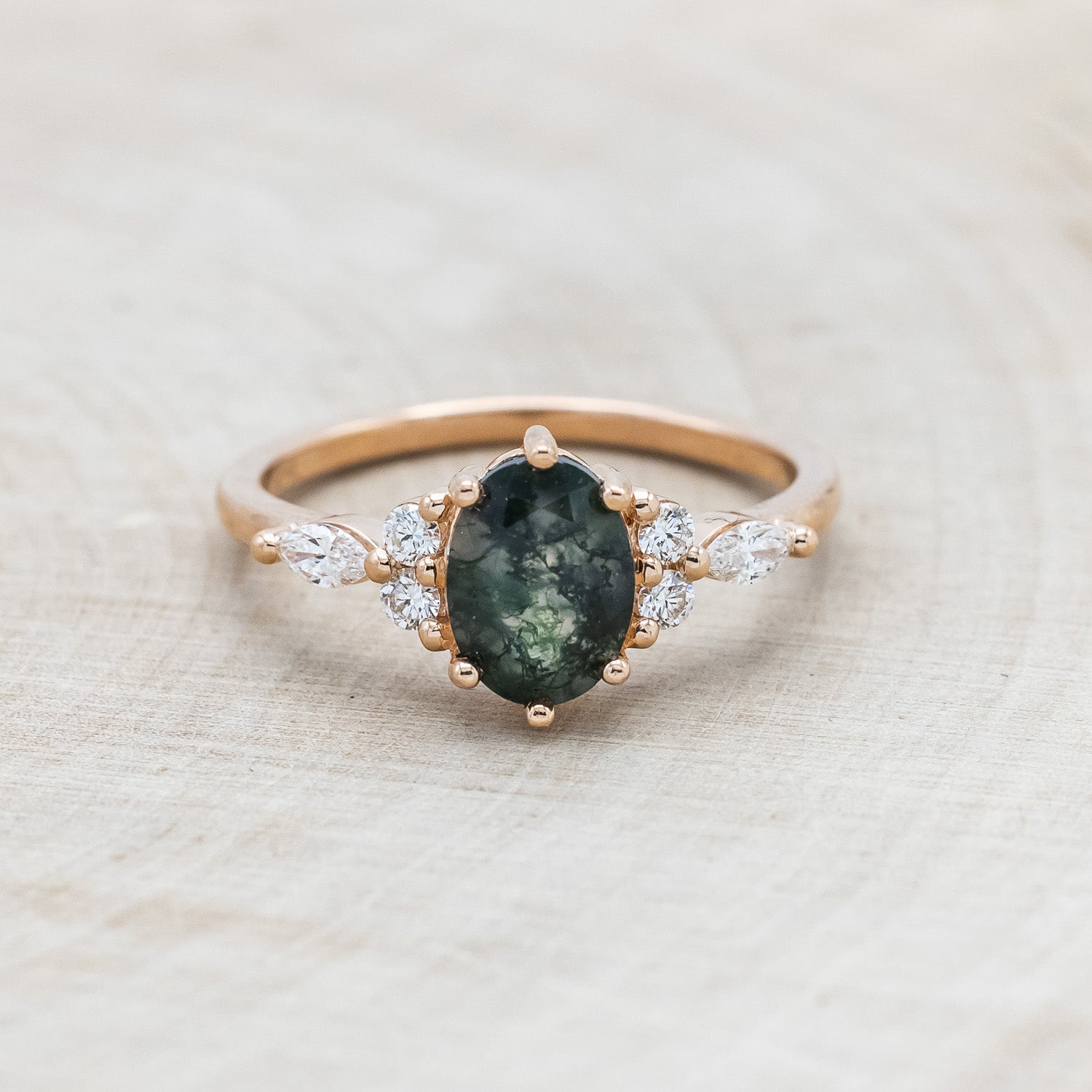 "SAGE" - OVAL MOSS AGATE ENGAGEMENT RING WITH DIAMOND ACCENTS-Staghead Designs