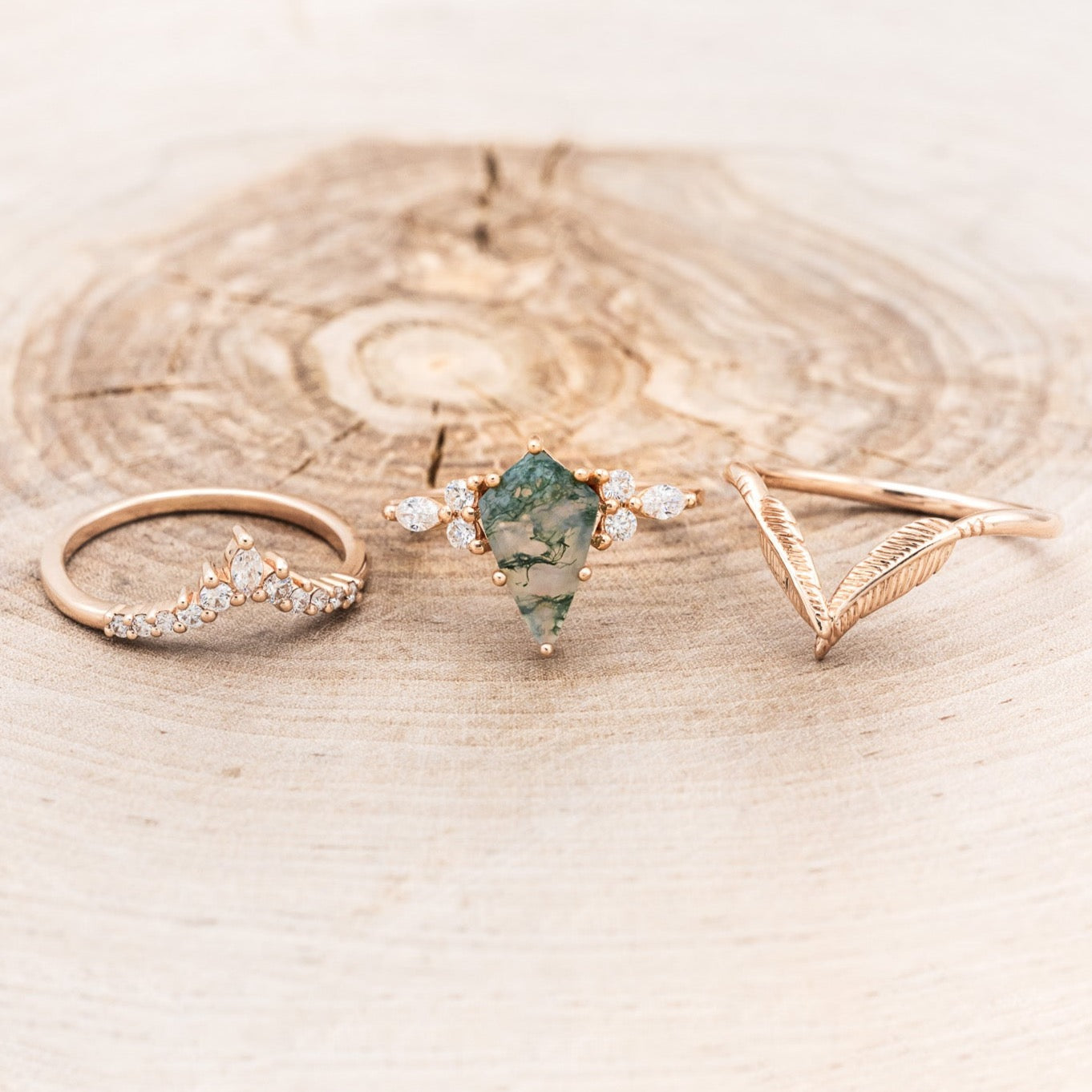 "SAGE" - BRIDAL SUITE - KITE CUT MOSS AGATE ENGAGEMENT RING WITH DIAMOND ACCENTS & TRACERS-6