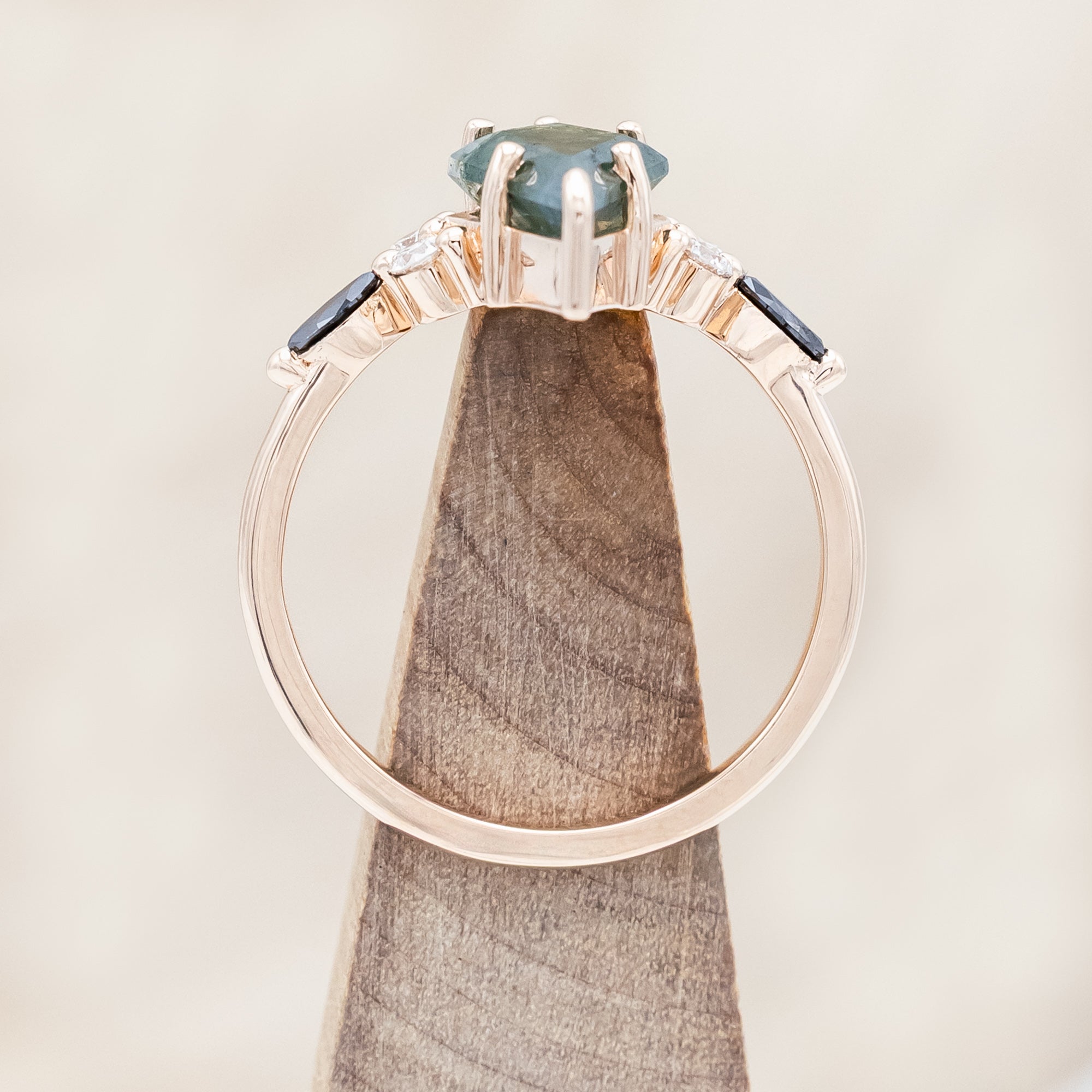 "SAGE" - KITE CUT MOSS AGATE ENGAGEMENT RING WITH BLACK MARQUISE DIAMOND ACCENTS & A DIAMOND TRACER-Staghead Designs