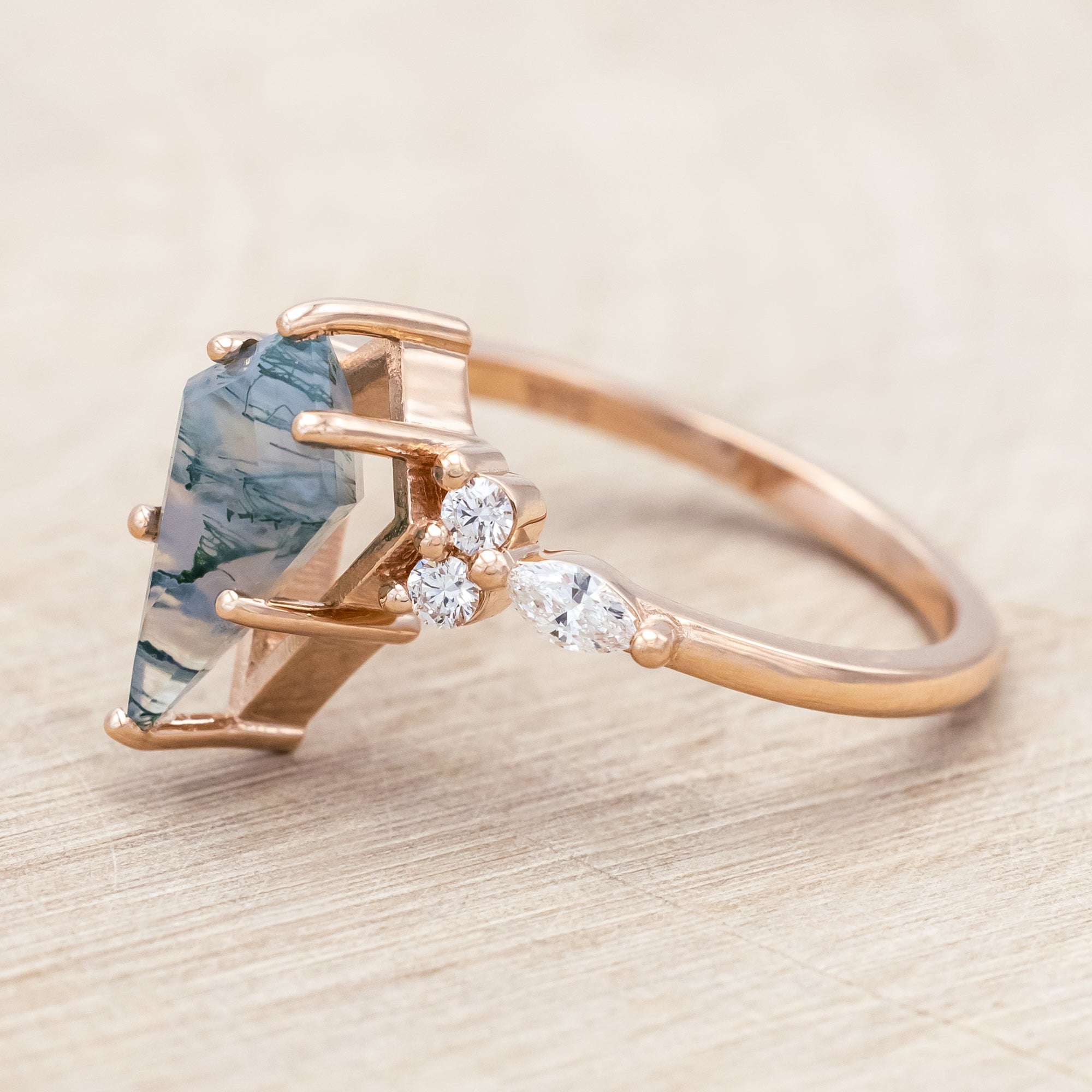 "SAGE" - KITE CUT MOSS AGATE ENGAGEMENT RING WITH DIAMOND ACCENTS & TRACER-Staghead Designs
