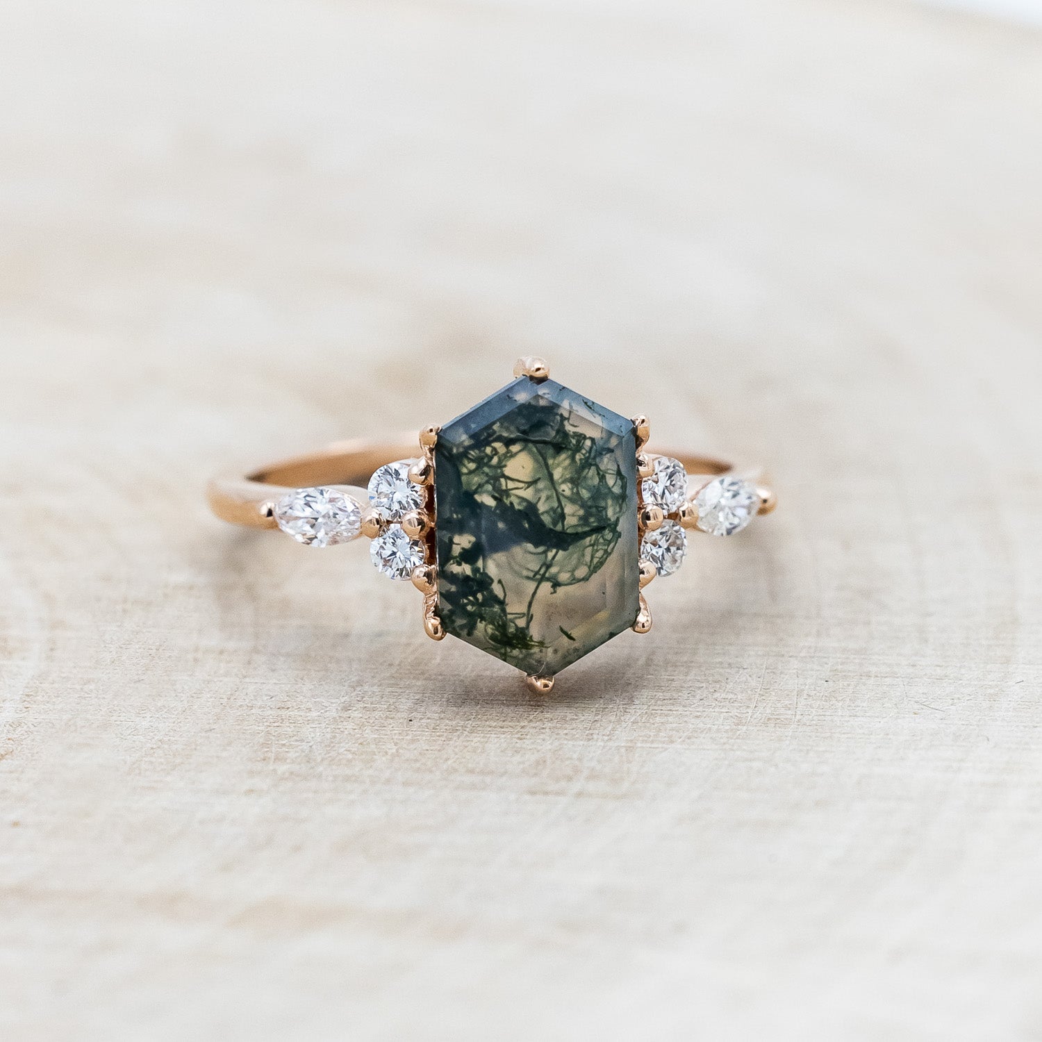 "SAGE" - ELONGATED HEXAGON CUT MOSS AGATE ENGAGEMENT RING WITH DIAMOND ACCENTS-Staghead Designs