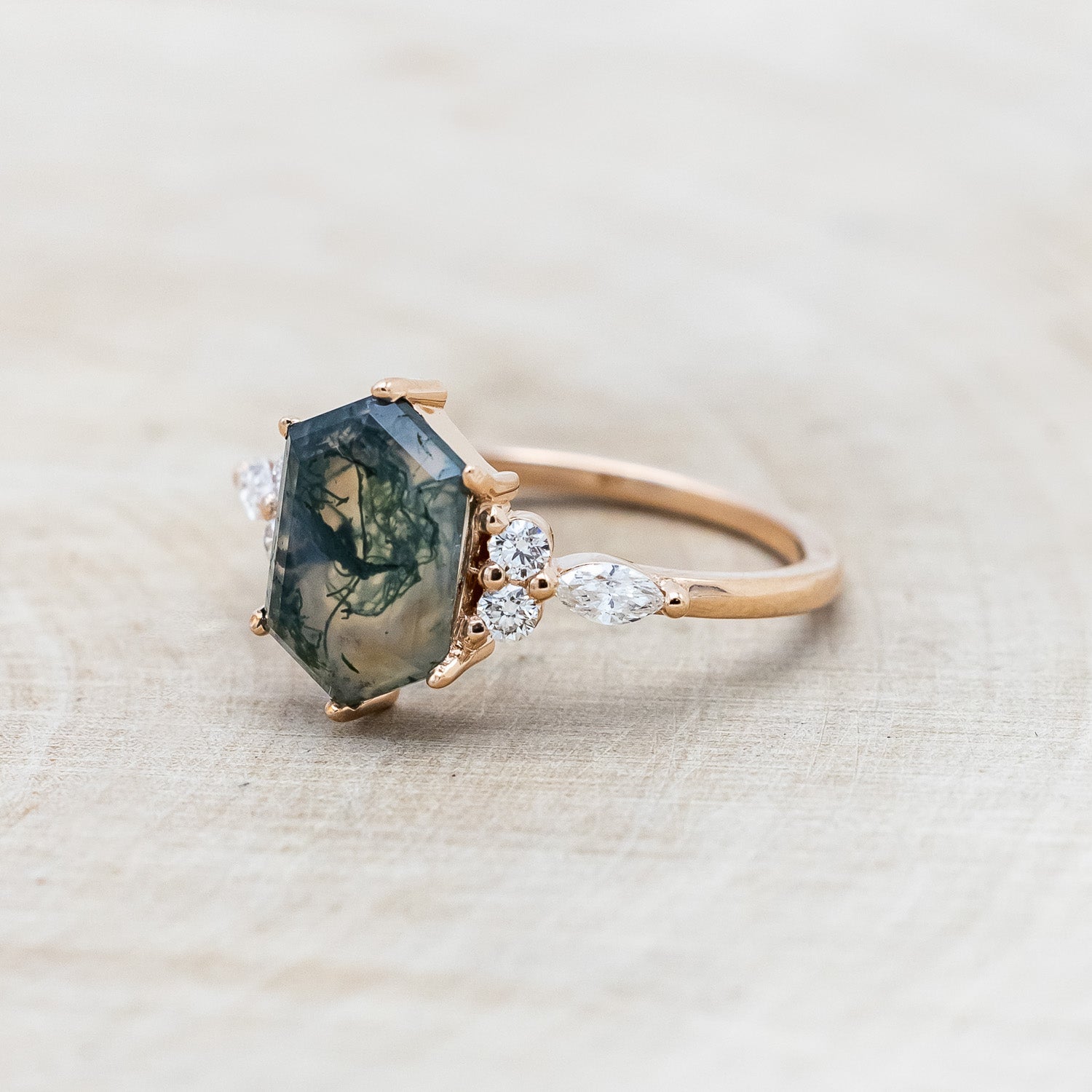"SAGE" - ELONGATED HEXAGON CUT MOSS AGATE ENGAGEMENT RING WITH DIAMOND ACCENTS-Staghead Designs