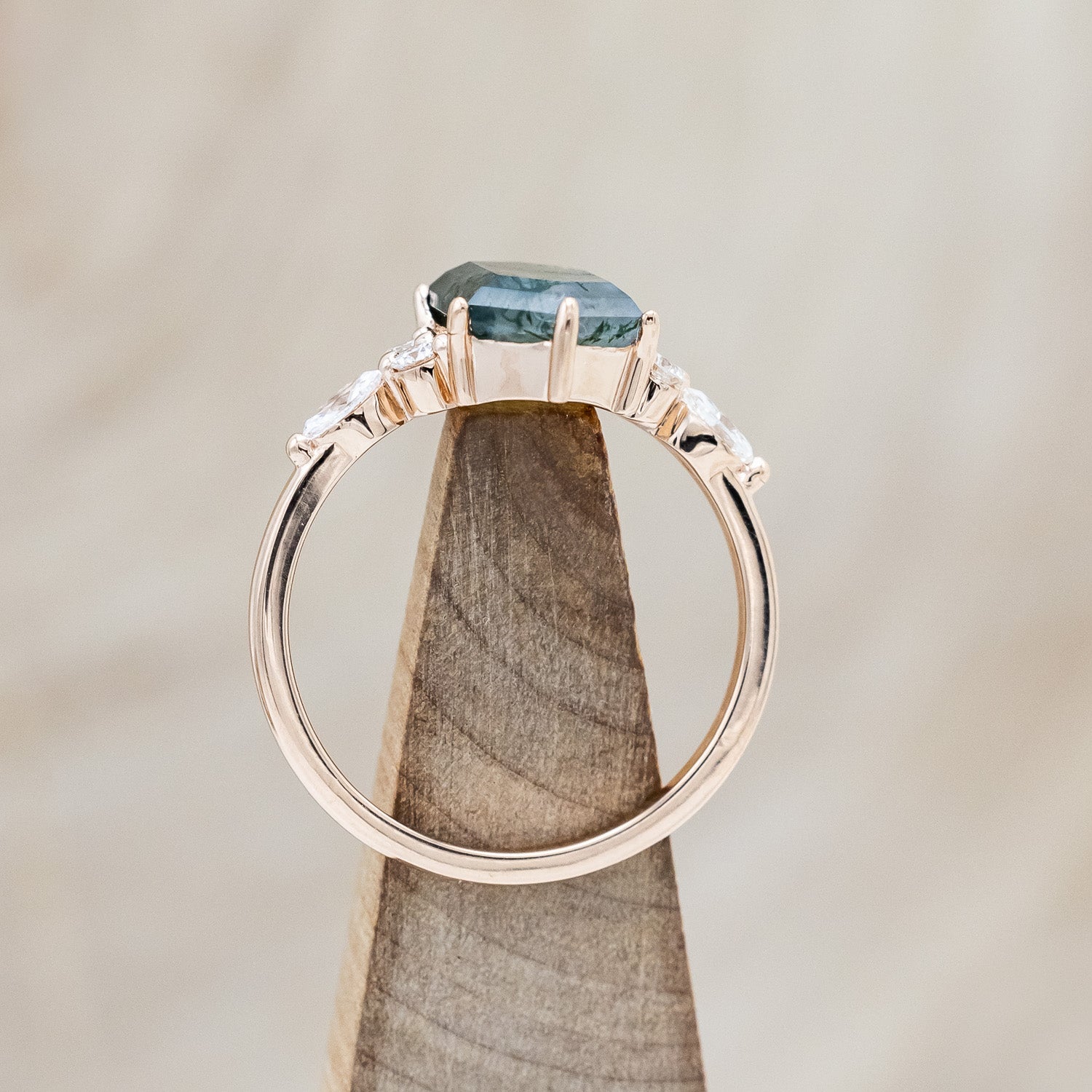 "SAGE" - ELONGATED HEXAGON CUT MOSS AGATE ENGAGEMENT RING WITH DIAMOND ACCENTS-Staghead Designs