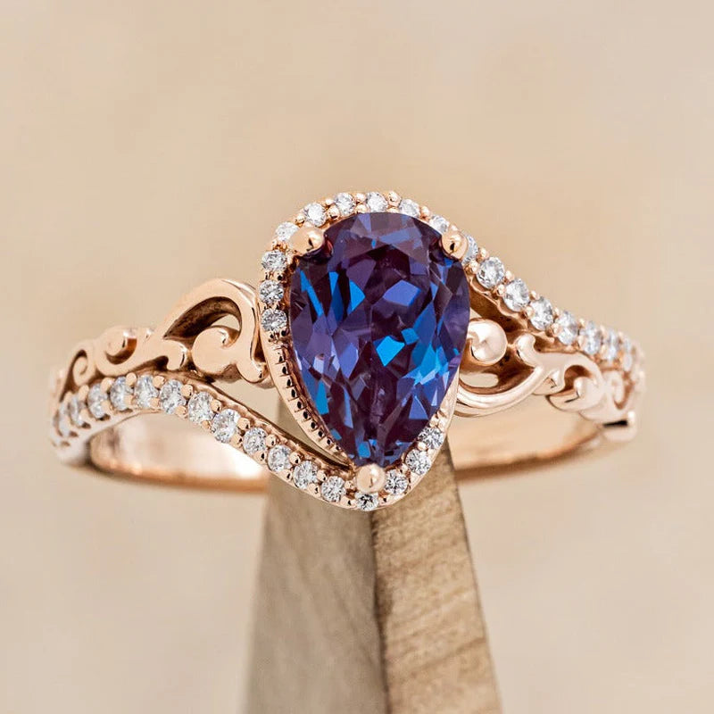 "Scarlet" - Pear Cut Lab-Grown Alexandrite Engagement Ring With Diamond Accents - 14K Rose Gold - Size 5 1/2