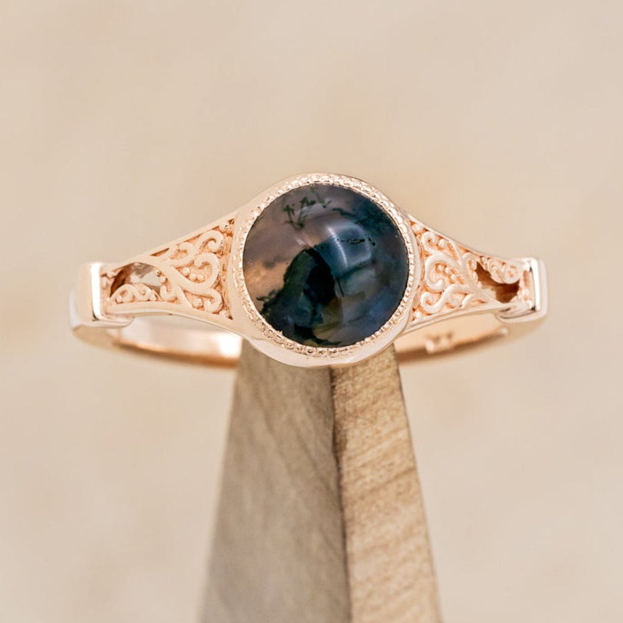 "SELENE" - ROUND CUT CENTER STONE ENGAGEMENT RING WITH FILIGREE AND CRESCENT MOON ACCENTS-Staghead Designs