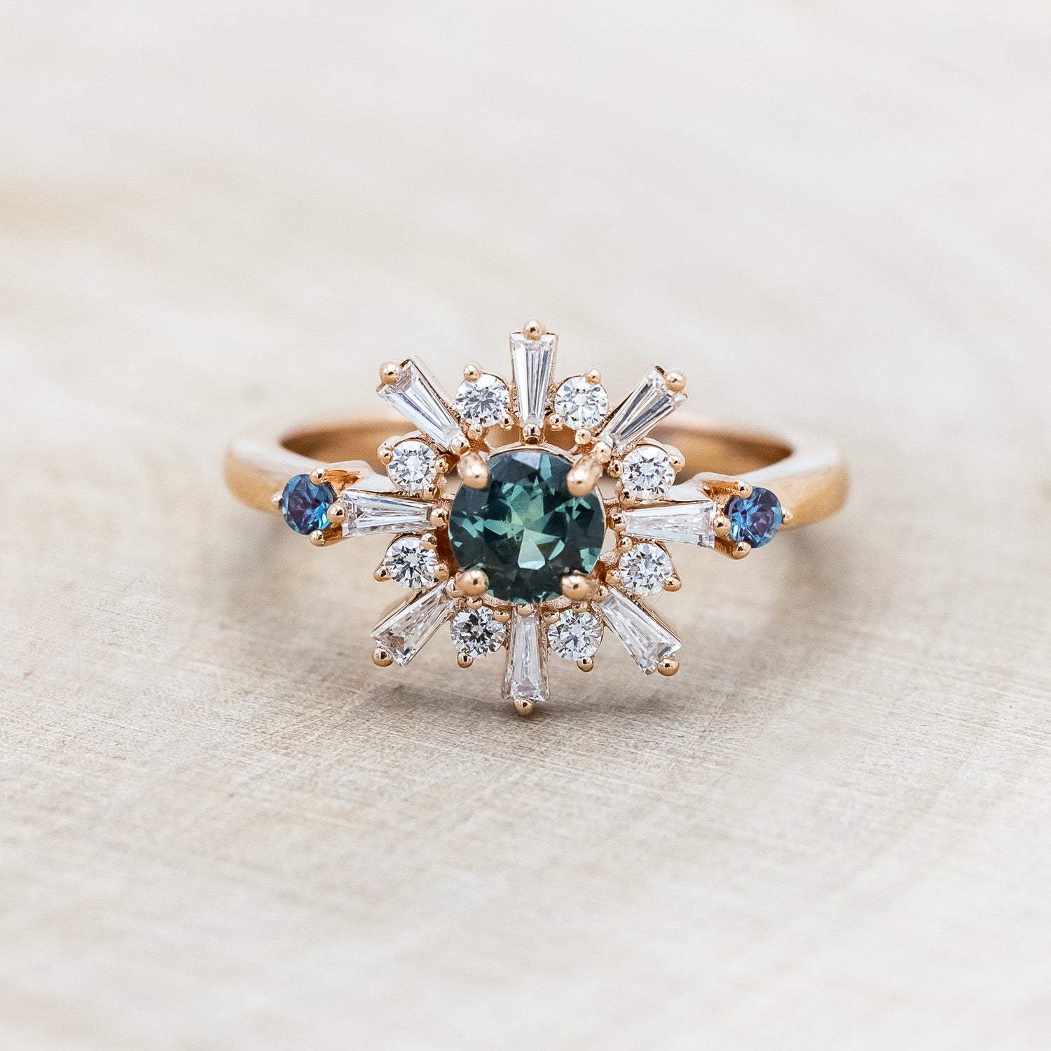 "SEREN" - ROUND CUT MONTANA SAPPHIRE ENGAGEMENT RING WITH DIAMOND HALO & SIDE LAB-GROWN ALEXANDRITE ACCENTS-Staghead Designs