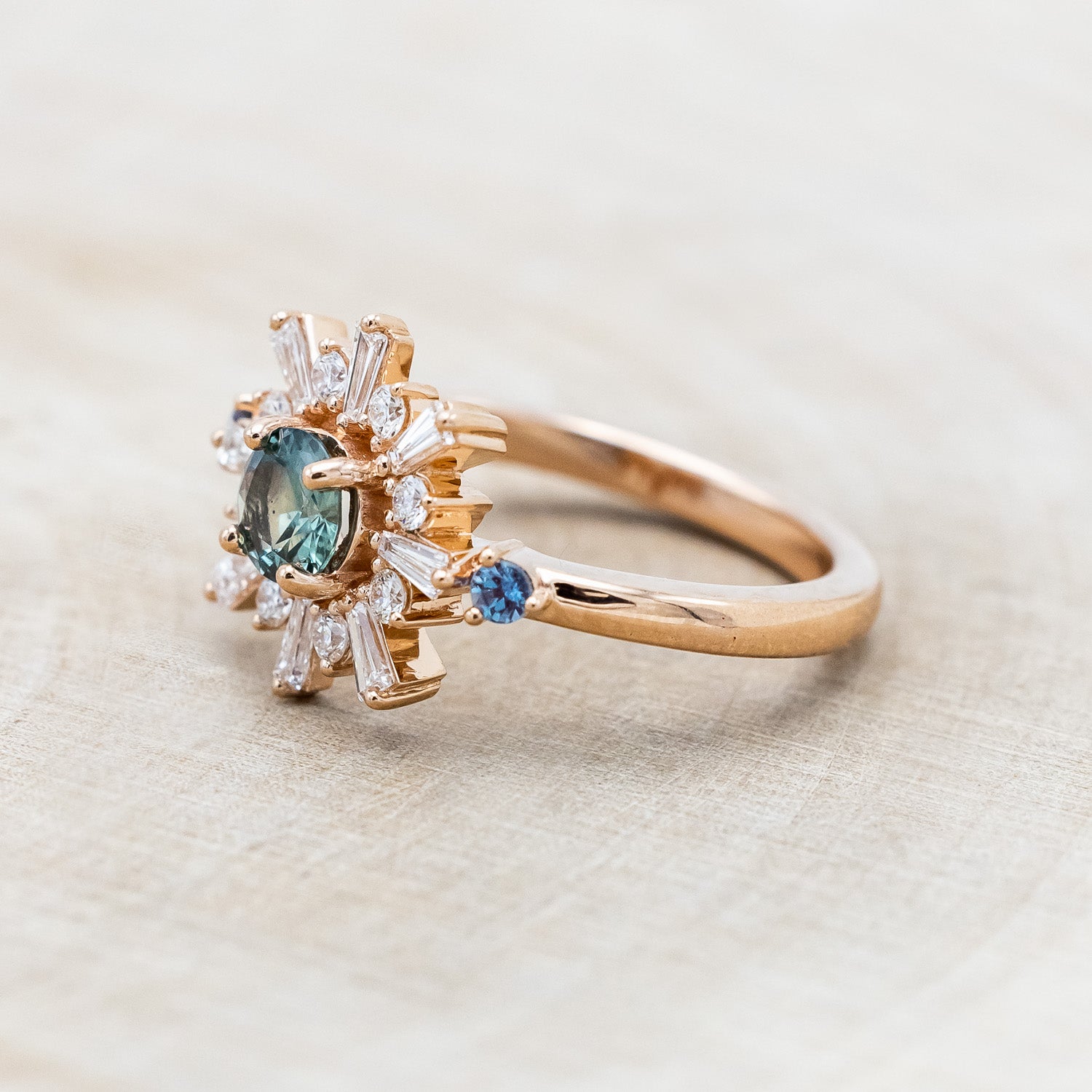 "SEREN" - ROUND CUT MONTANA SAPPHIRE ENGAGEMENT RING WITH DIAMOND HALO & SIDE LAB-GROWN ALEXANDRITE ACCENTS-Staghead Designs