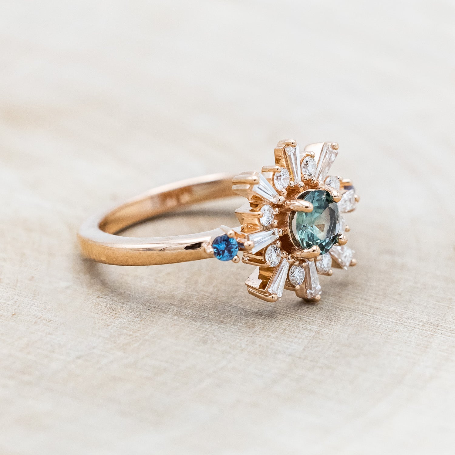 "SEREN" - ROUND CUT MONTANA SAPPHIRE ENGAGEMENT RING WITH DIAMOND HALO & SIDE LAB-GROWN ALEXANDRITE ACCENTS-Staghead Designs