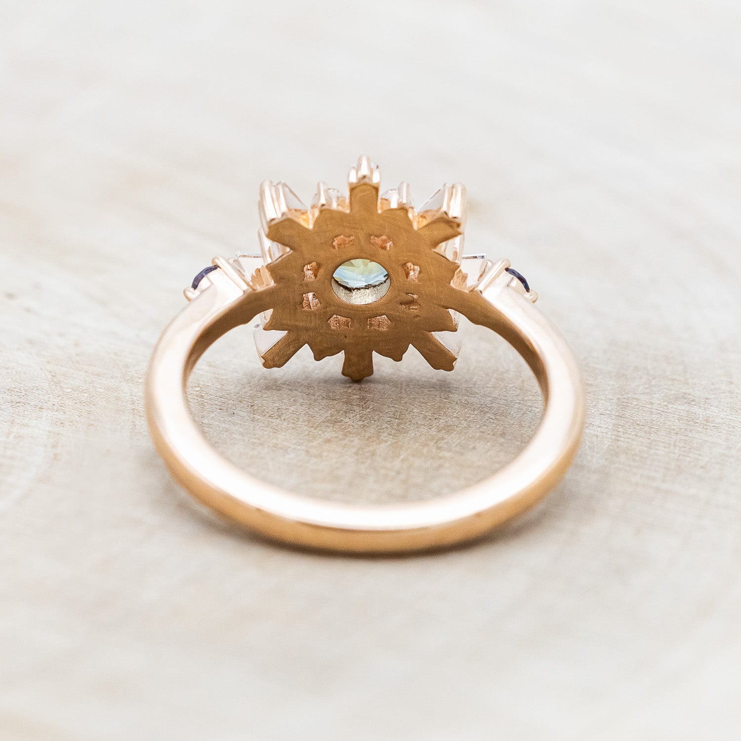 "SEREN" - ROUND CUT MONTANA SAPPHIRE ENGAGEMENT RING WITH DIAMOND HALO & SIDE LAB-GROWN ALEXANDRITE ACCENTS-Staghead Designs