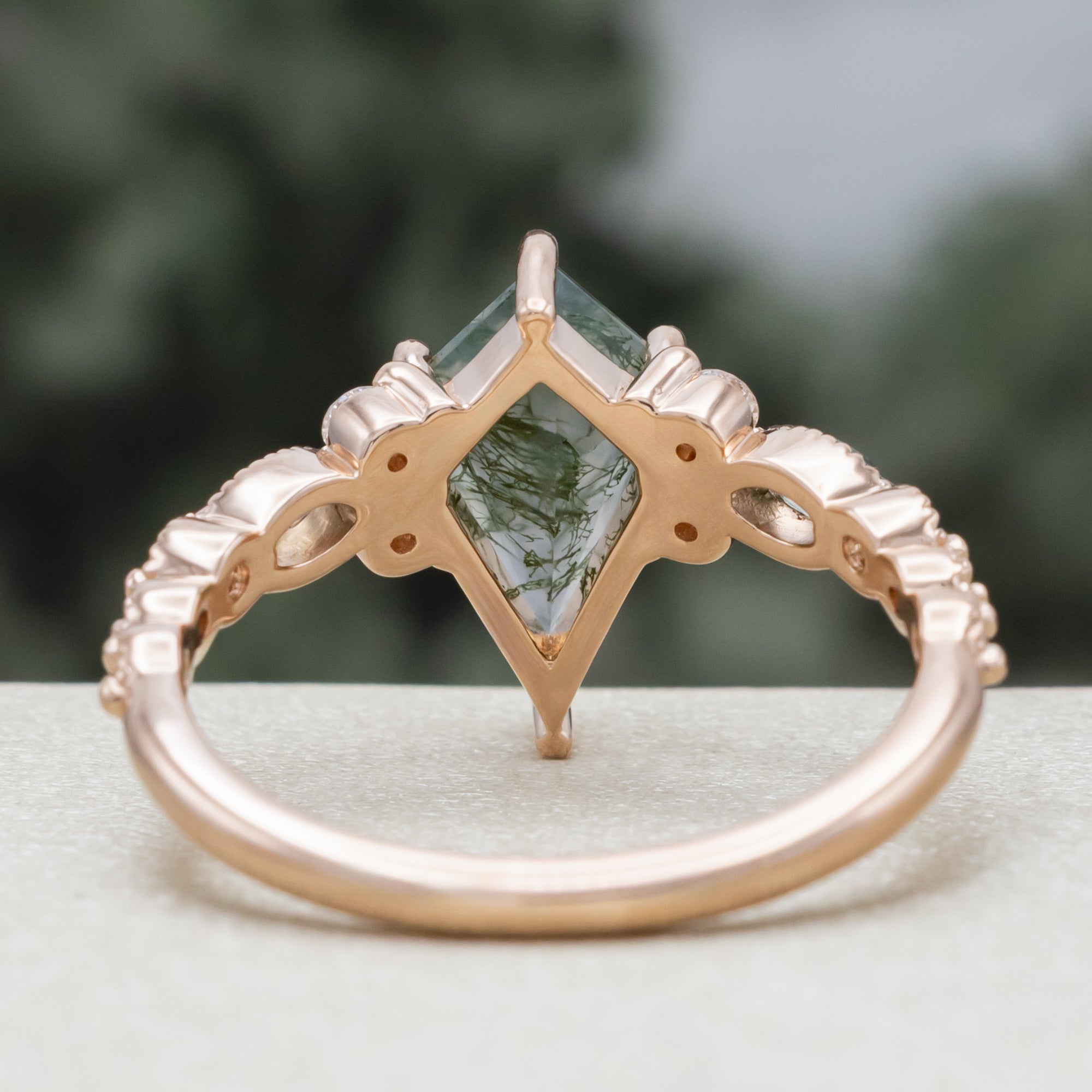"Shimmering Sage" - Bridal Suite - Kite Cut Moss Agate Engagement Ring With Marquise Moss Agate Accents & A Diamond Tracer-Staghead Designs