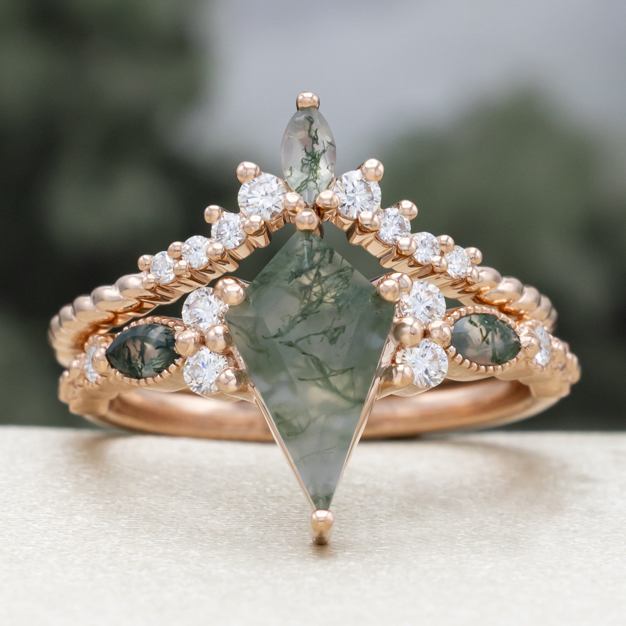"Shimmering Sage" - Bridal Suite - Kite Cut Moss Agate Engagement Ring With Marquise Moss Agate Accents & A Diamond Tracer-Staghead Designs
