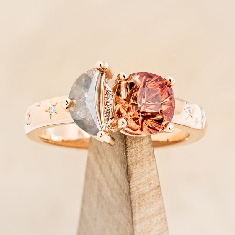"SIDRA" - TOI ET MOI ROUND CUT OREGON SUNSTONE ENGAGEMENT RING WITH A CRESCENT MOON ACCENT & TRACER-Staghead Designs