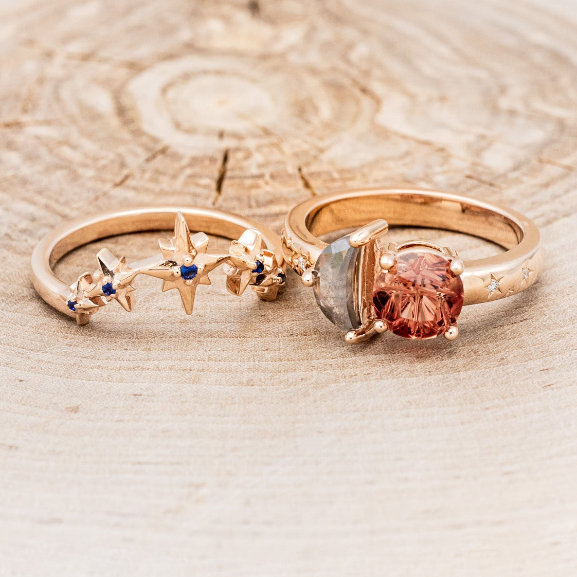"SIDRA" - TOI ET MOI ROUND CUT OREGON SUNSTONE ENGAGEMENT RING WITH A CRESCENT MOON ACCENT & TRACER-Staghead Designs