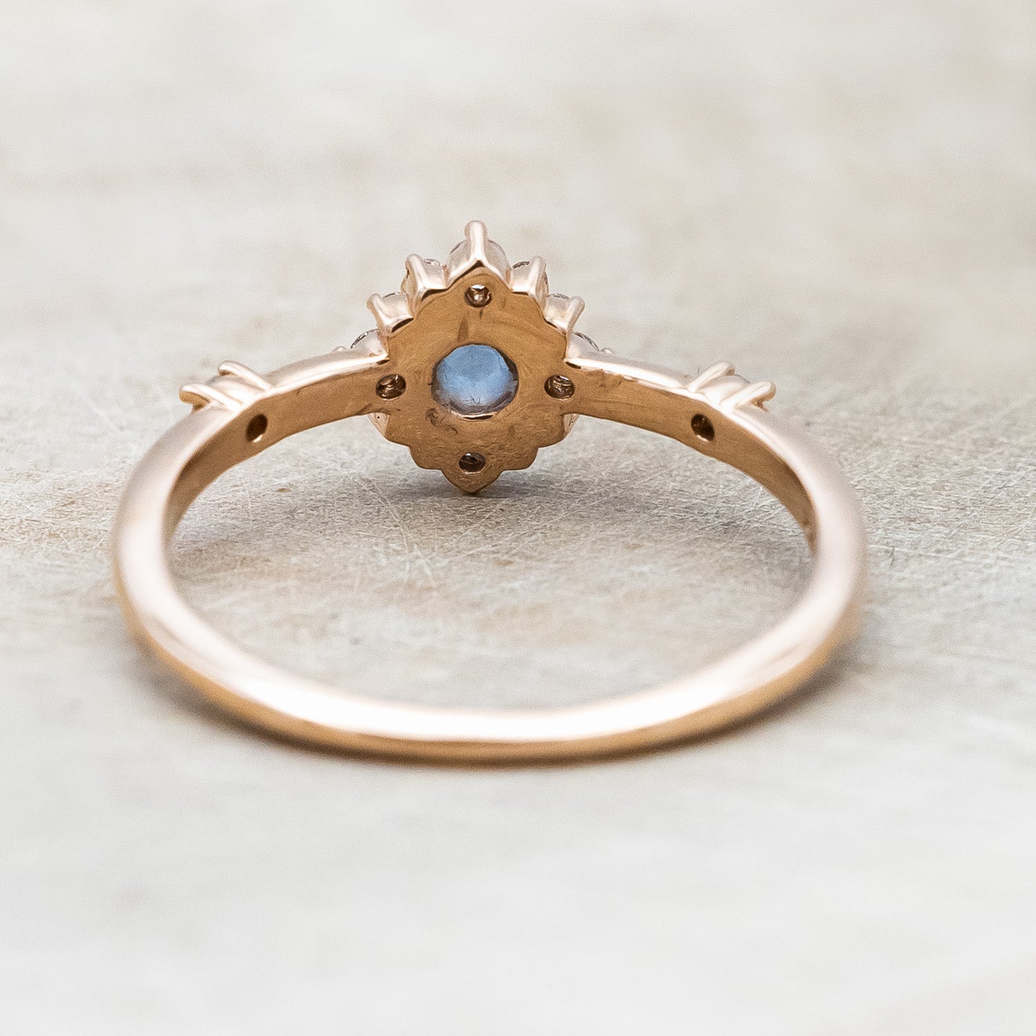 "Starla" - Aquamarine Engagement Ring With Starburst Diamond Halo & Contoured Tracer-Staghead Designs