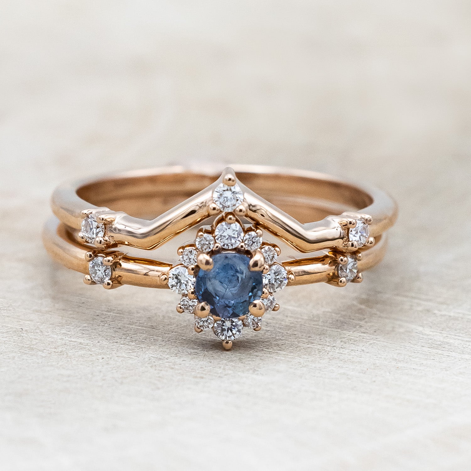 "Starla" - Aquamarine Engagement Ring With Starburst Diamond Halo & Contoured Tracer-Staghead Designs