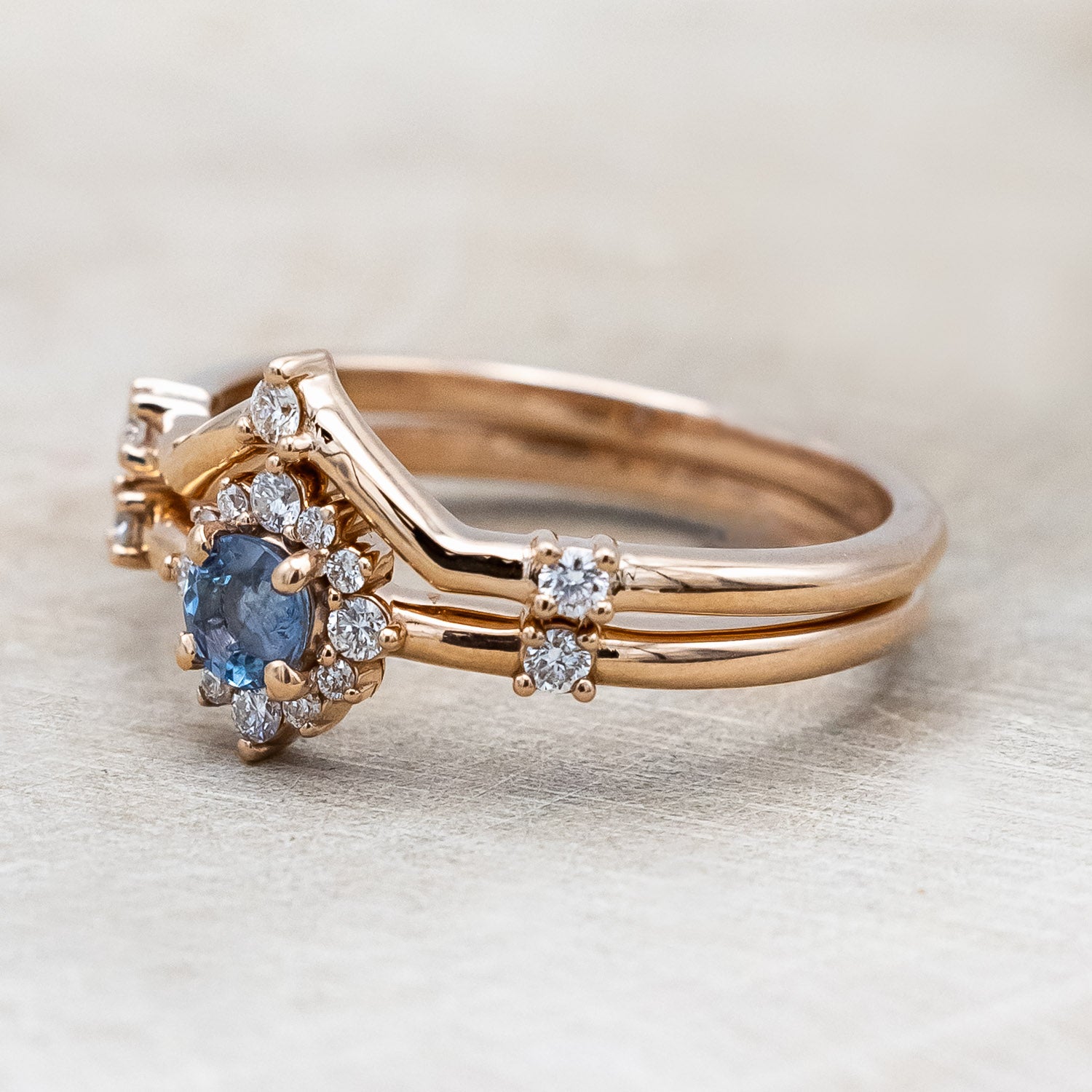 "Starla" - Aquamarine Engagement Ring With Starburst Diamond Halo & Contoured Tracer-Staghead Designs