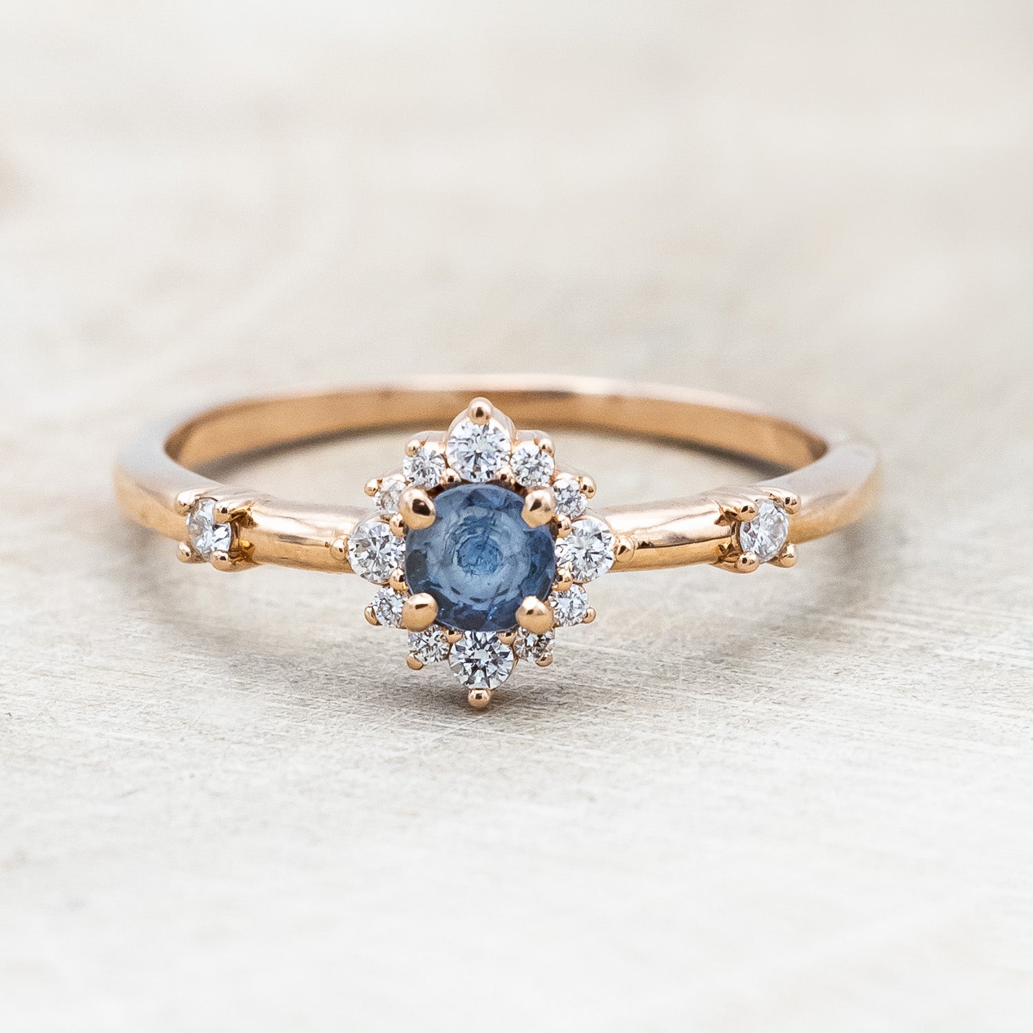 "Starla" - Aquamarine Engagement Ring With Starburst Diamond Halo & Contoured Tracer-Staghead Designs
