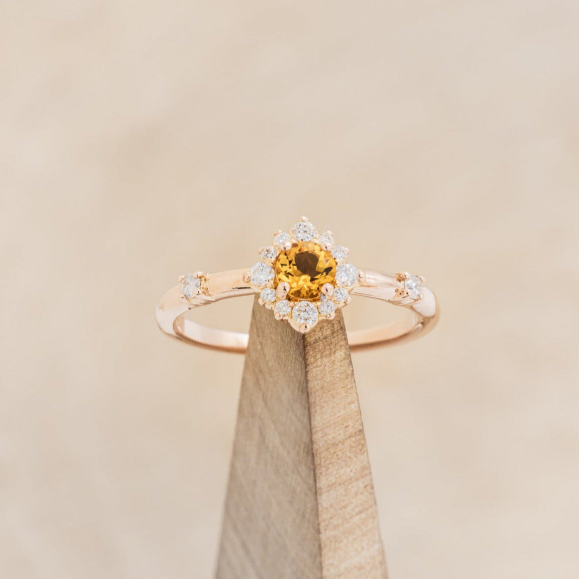"STARLA" - ROUND CUT CITRINE ENGAGEMENT RING WITH A STARBURST DIAMOND HALO-7