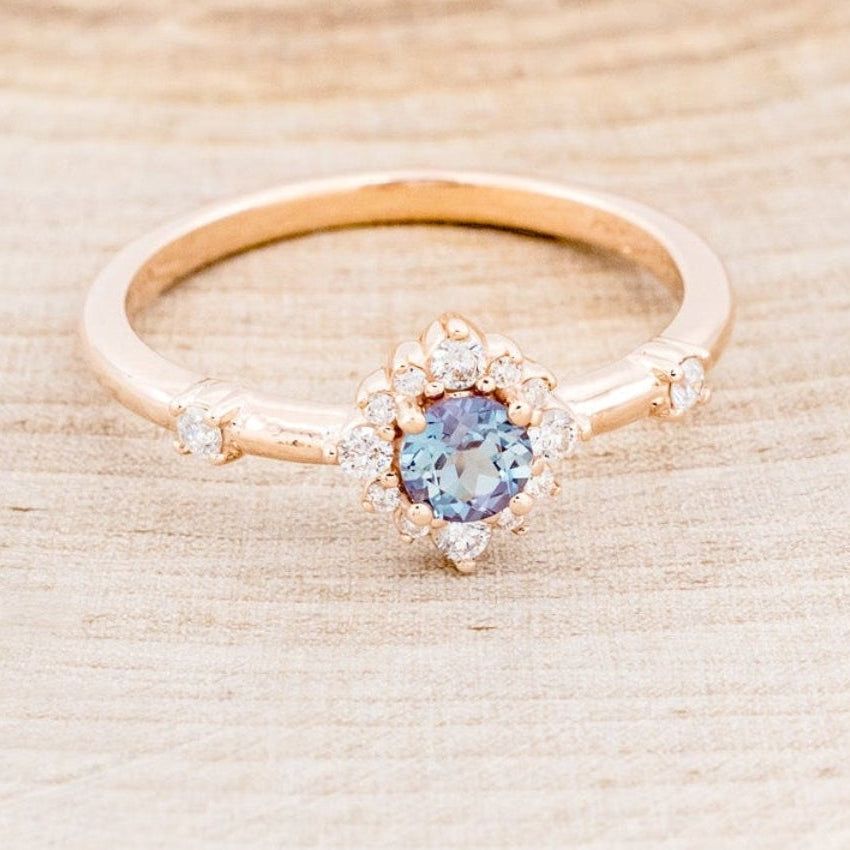 "STARLA" - ROUND CUT LAB-GROWN ALEXANDRITE ENGAGEMENT RING WITH STARBURST DIAMOND HALO-10