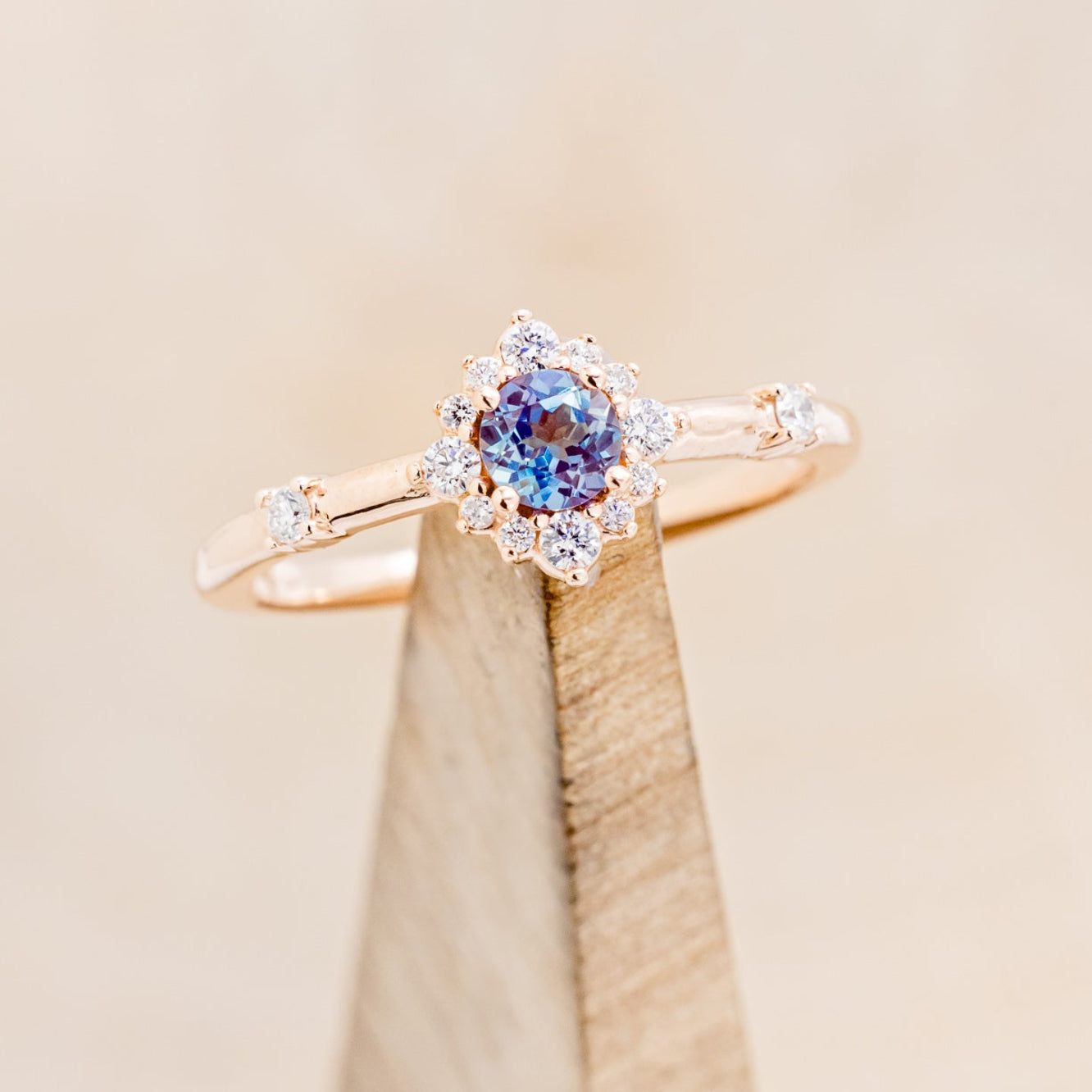 "STARLA" - ROUND CUT LAB-GROWN ALEXANDRITE ENGAGEMENT RING WITH STARBURST DIAMOND HALO-7