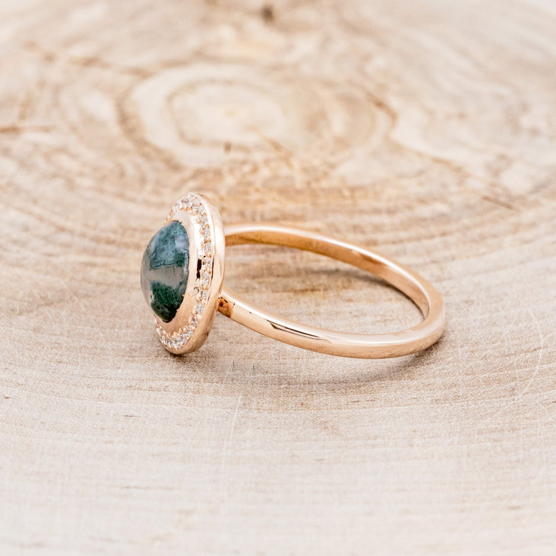 "TERRA" - ROUND CUT MOSS AGATE ENGAGEMENT RING WITH DIAMOND HALO-3