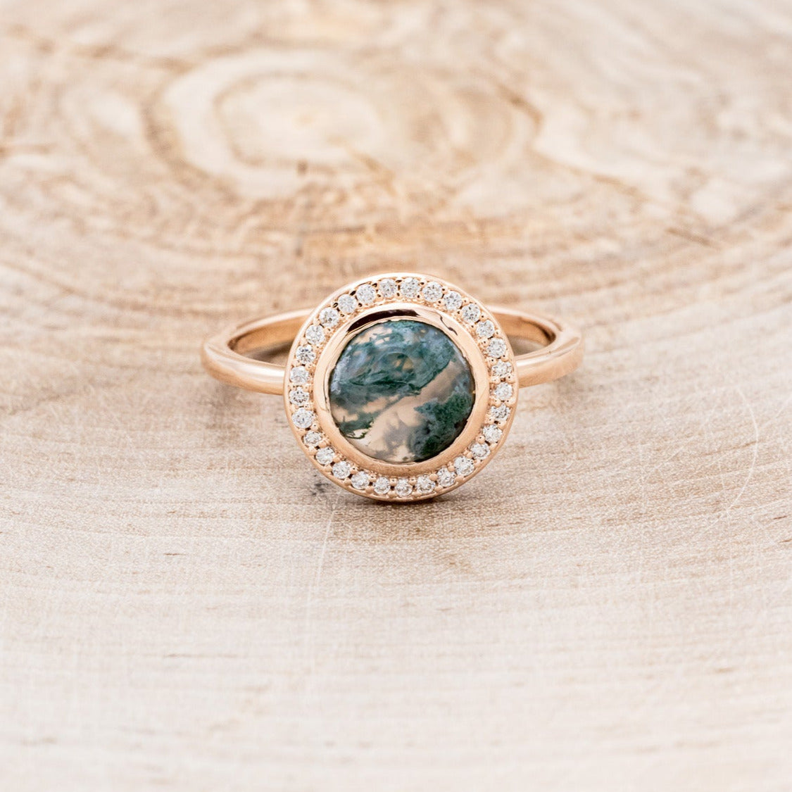 "TERRA" - ROUND CUT MOSS AGATE ENGAGEMENT RING WITH DIAMOND HALO-4