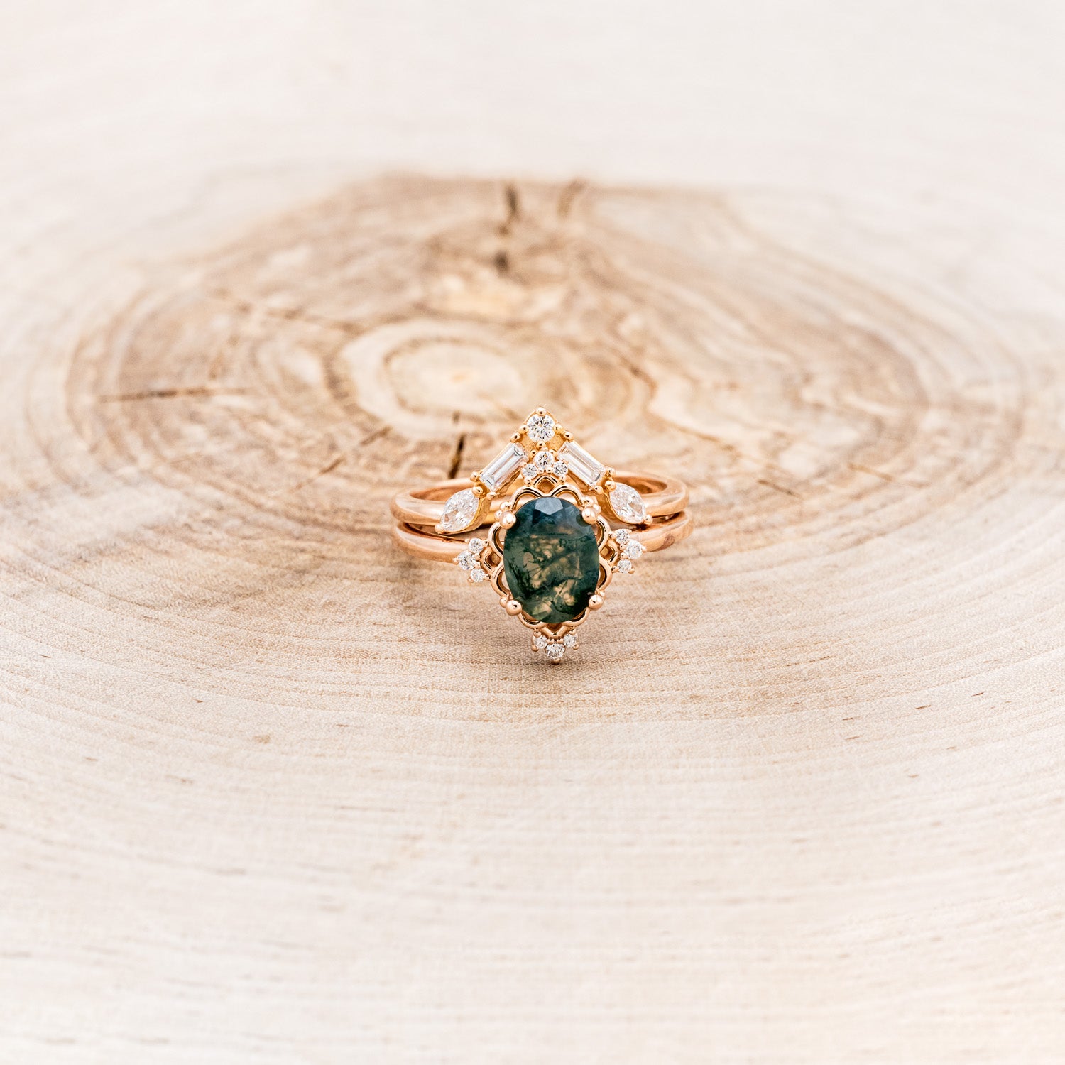 "TREVA" - OVAL MOSS AGATE ENGAGEMENT RING WITH DIAMOND ACCENTS & "MELODY" TRACER-4