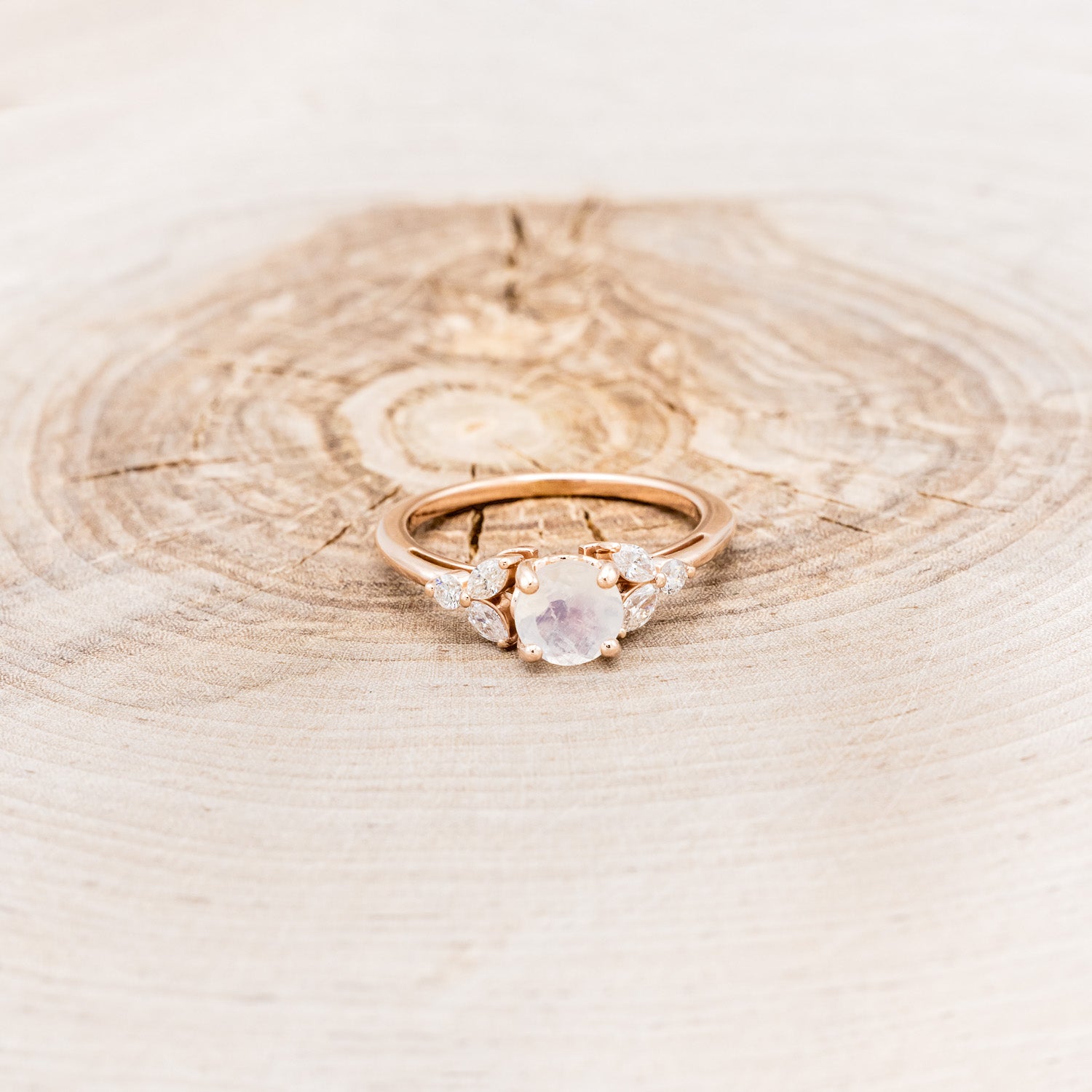 "BLOSSOM" - ROUND CUT MOONSTONE ENGAGEMENT RING WITH LEAF SHAPED DIAMOND ACCENTS-4