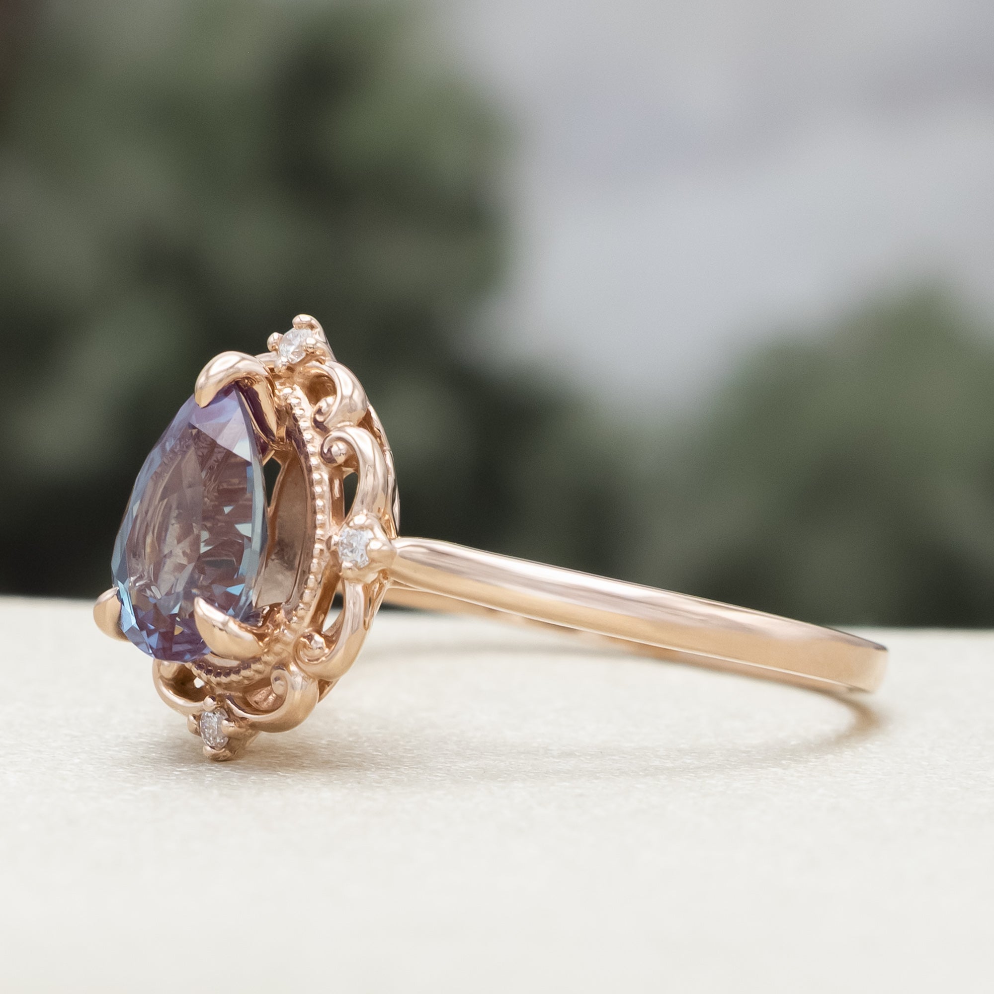 "VERA" - PEAR CUT LAB-GROWN ALEXANDRITE ENGAGEMENT RING WITH DIAMOND ACCENTS-Staghead Designs
