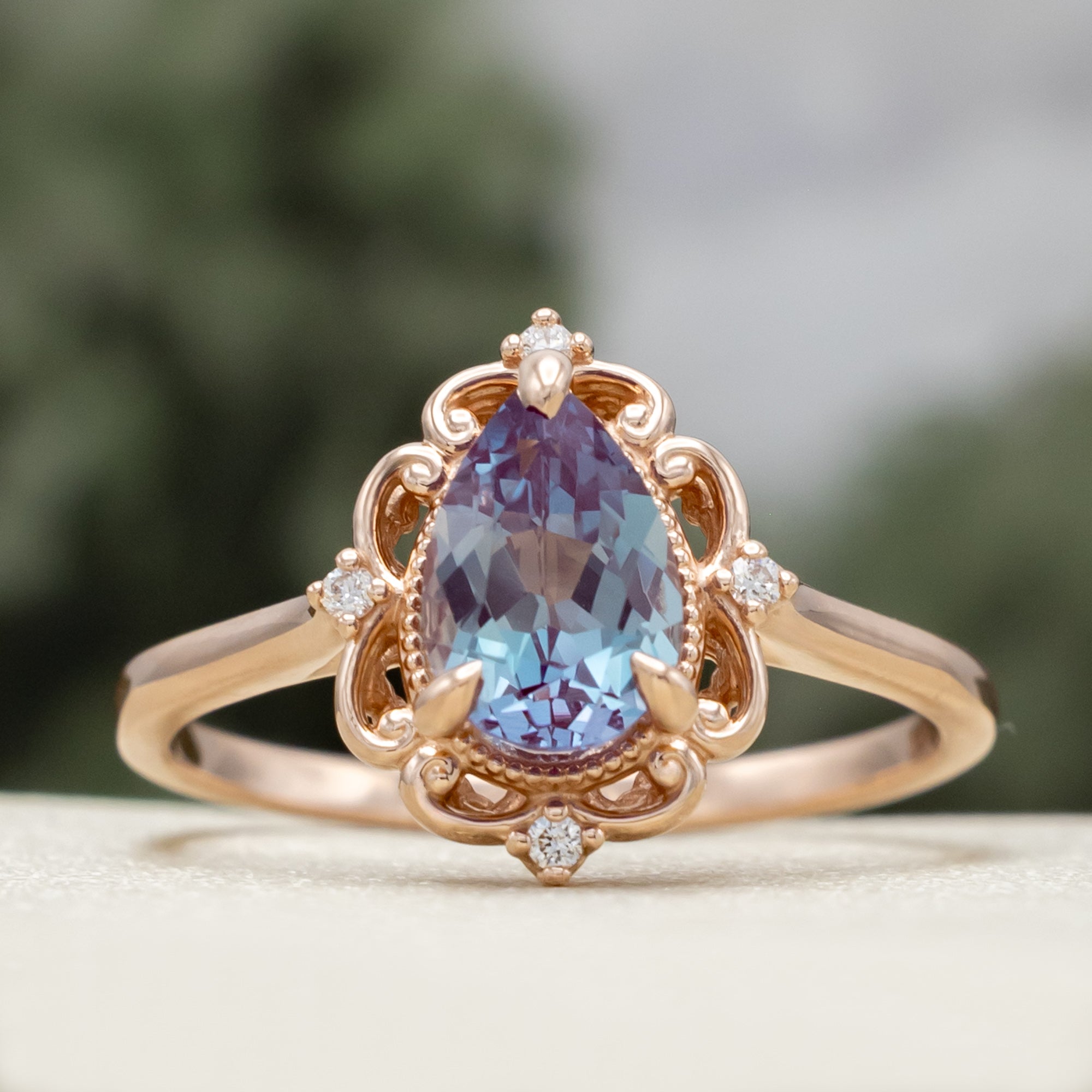 "VERA" - PEAR CUT LAB-GROWN ALEXANDRITE ENGAGEMENT RING WITH DIAMOND ACCENTS-Staghead Designs