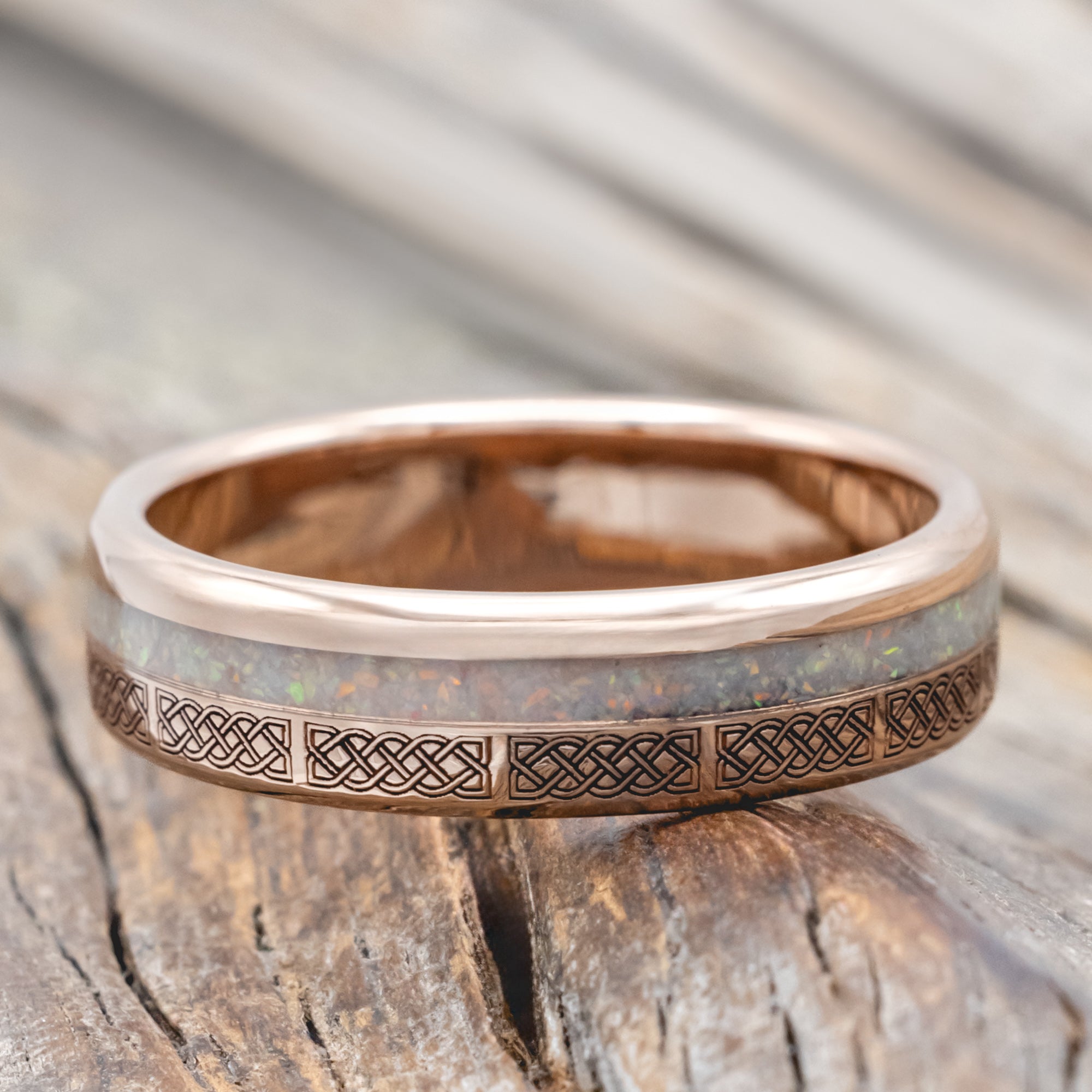 "VERTIGO" - CELTIC SAILOR'S KNOT ENGRAVED WITH FIRE & ICE OPAL WEDDING RING-Staghead Designs