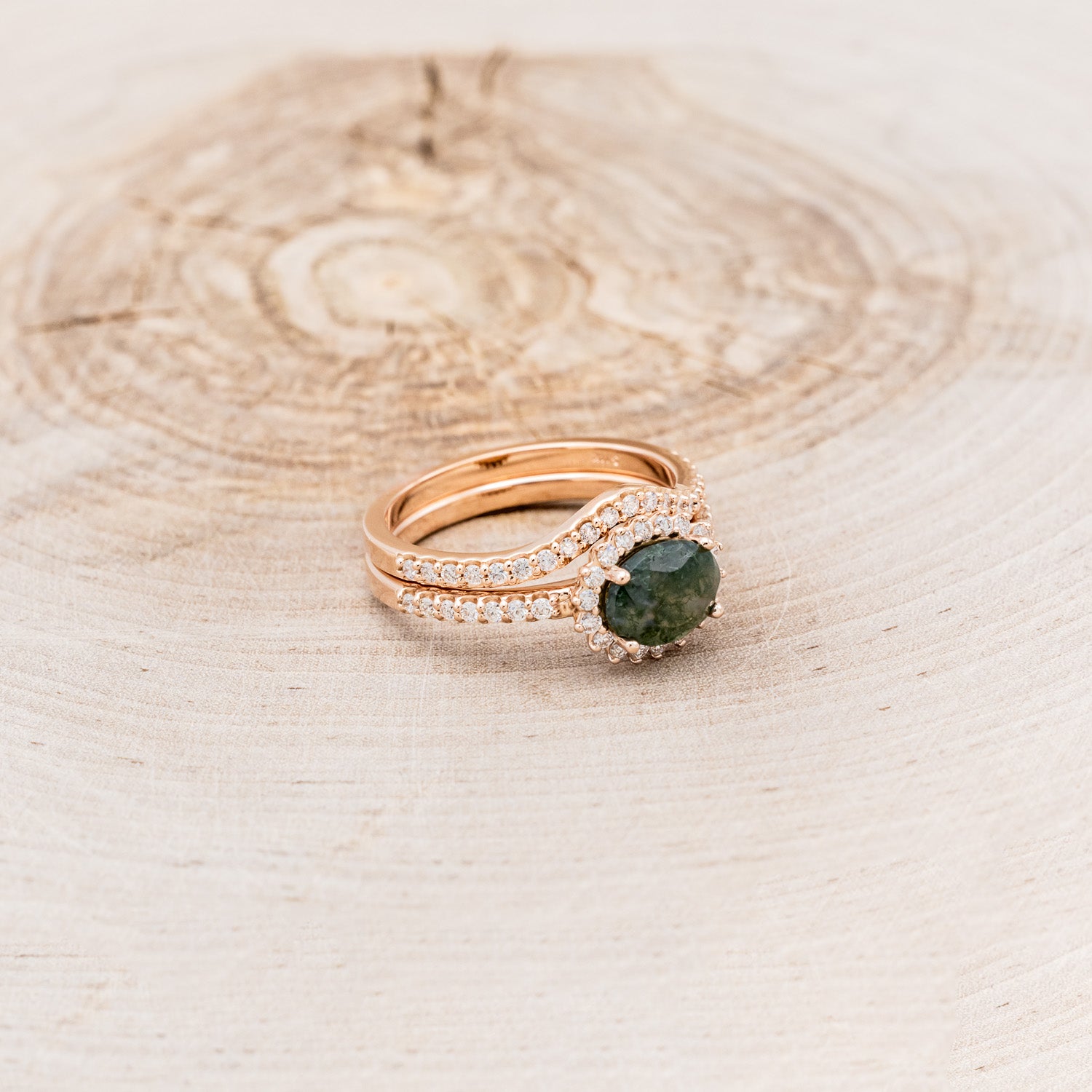"WHIMSY" - OVAL-SHAPED MOSS AGATE ENGAGEMENT RING WITH DIAMOND ACCENTS & TRACER-2
