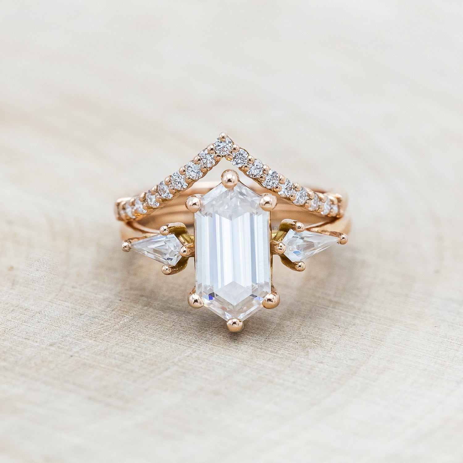 "ISLA" - ELONGATED HEXAGON CUT MOISSANITE ENGAGEMENT RING WITH MOISSANITE ACCENTS & A DIAMOND TRACER-Staghead Designs