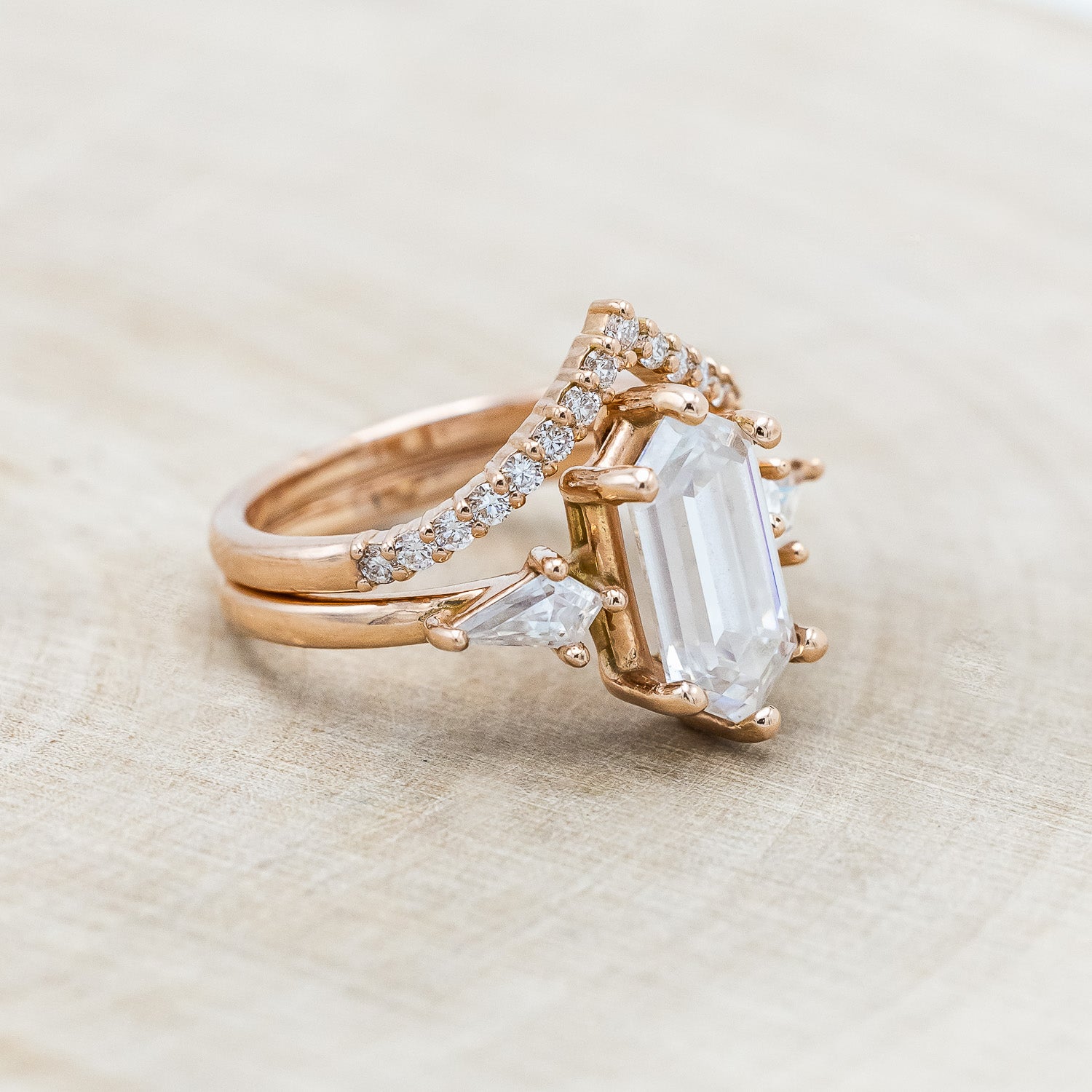 "ISLA" - ELONGATED HEXAGON CUT MOISSANITE ENGAGEMENT RING WITH MOISSANITE ACCENTS & A DIAMOND TRACER-Staghead Designs