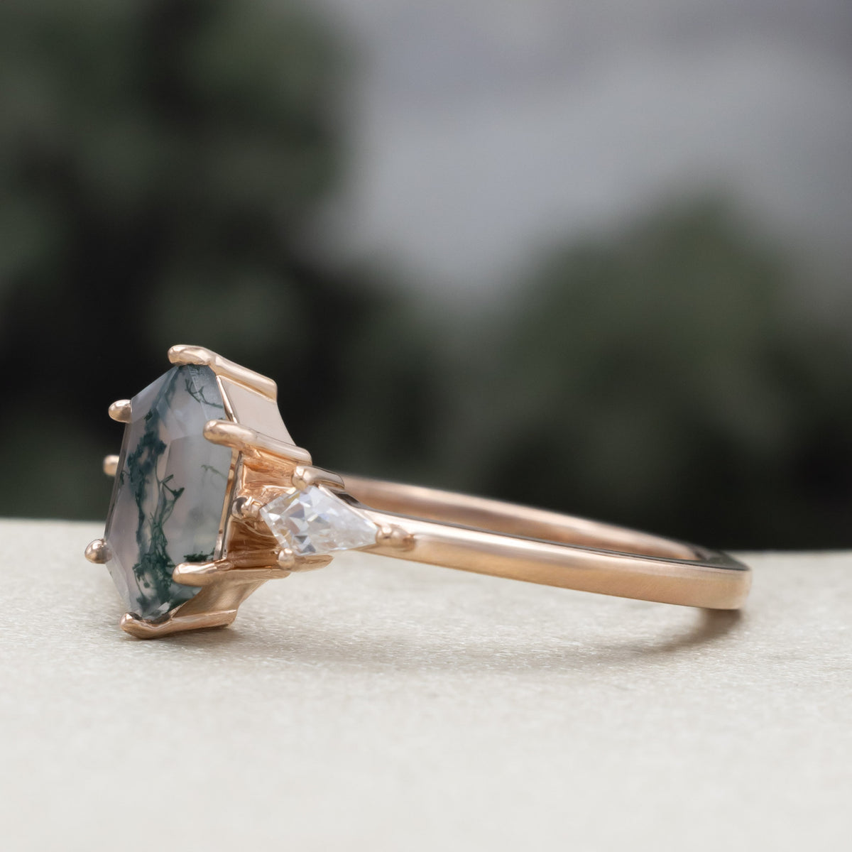 "Isla" - Elongated Hexagon Cut Moss Agate Engagement Ring With Moissanite Accents & Tracer-Staghead Designs