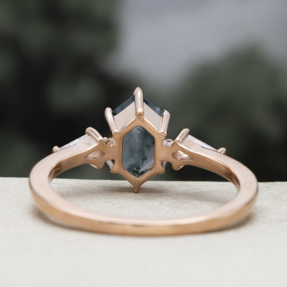 "Isla" - Elongated Hexagon Cut Moss Agate Engagement Ring With Moissanite Accents & Tracer-Staghead Designs
