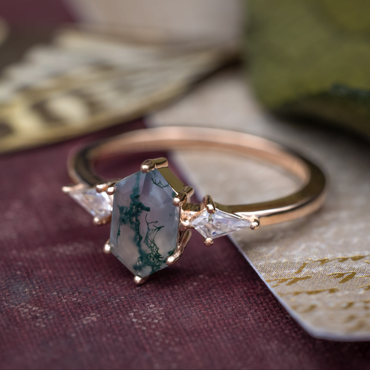 "Isla" - Elongated Hexagon Cut Moss Agate Engagement Ring With Moissanite Accents & Tracer-Staghead Designs