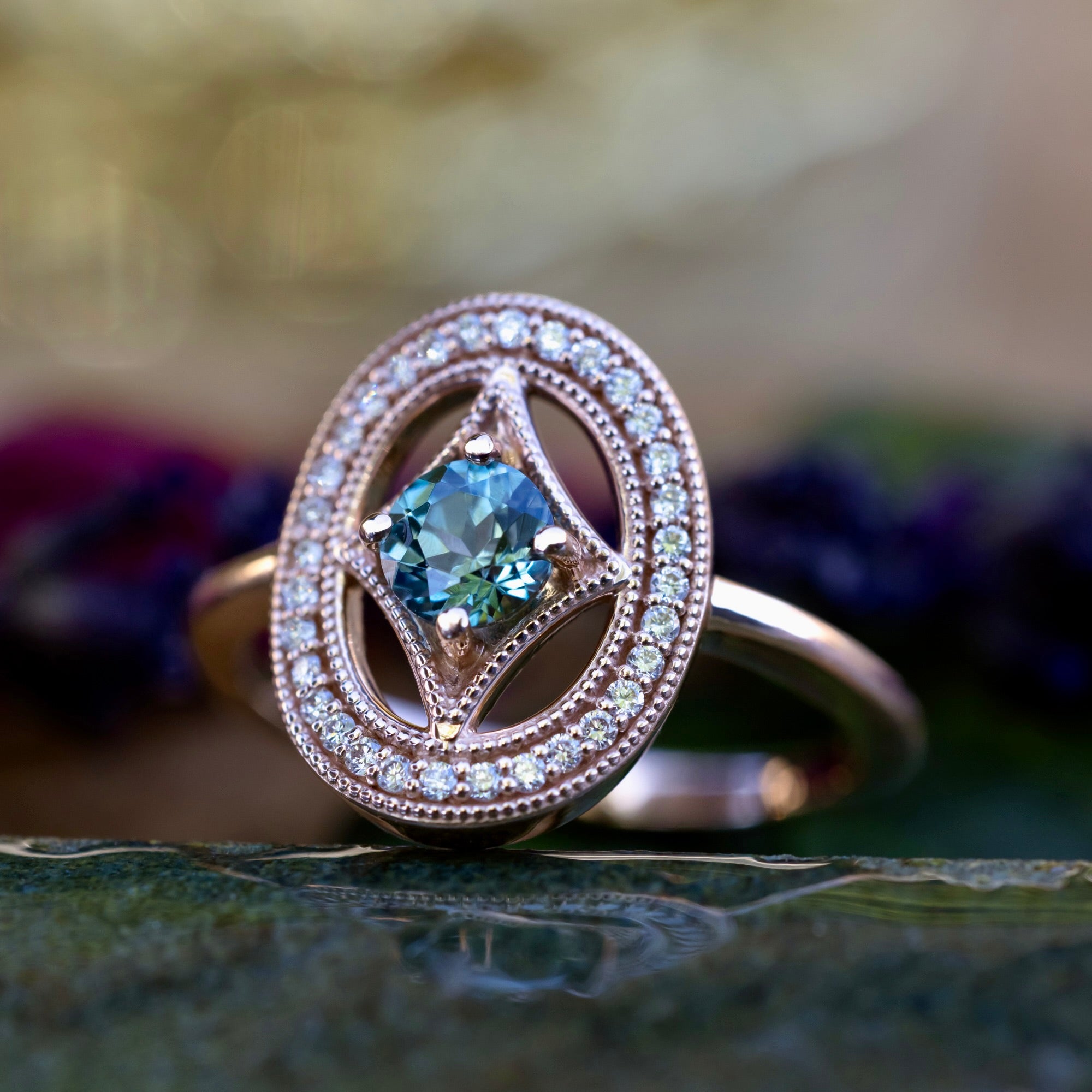 "Levina" - Round Cut Montana Sapphire Engagement Ring With Diamond Halo-Staghead Designs