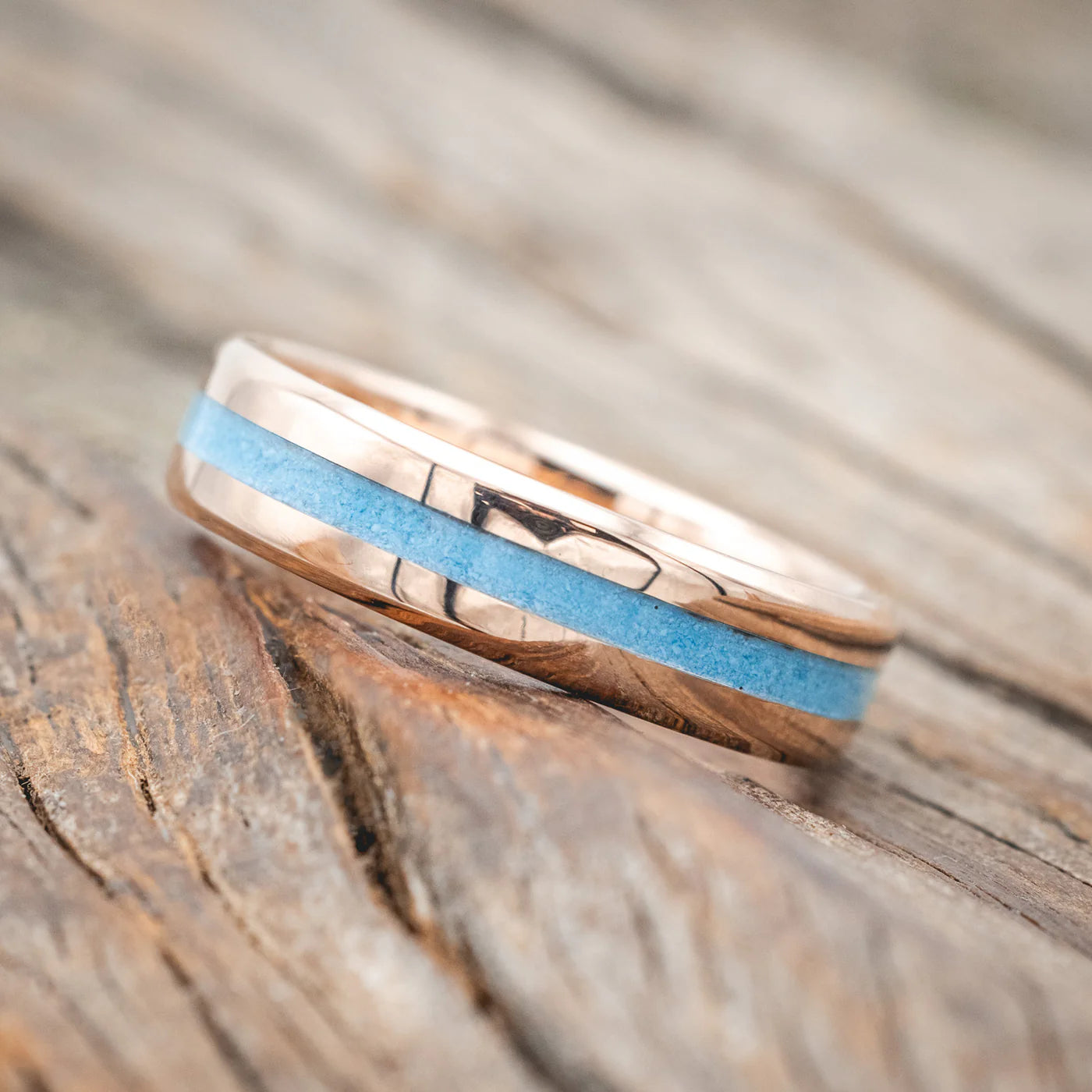 "NIRVANA" - CENTERED TURQUOISE WEDDING RING FEATURING A 14K GOLD BAND - 14K ROSE GOLD (6MM) - SIZE 12 1/4-Staghead Designs