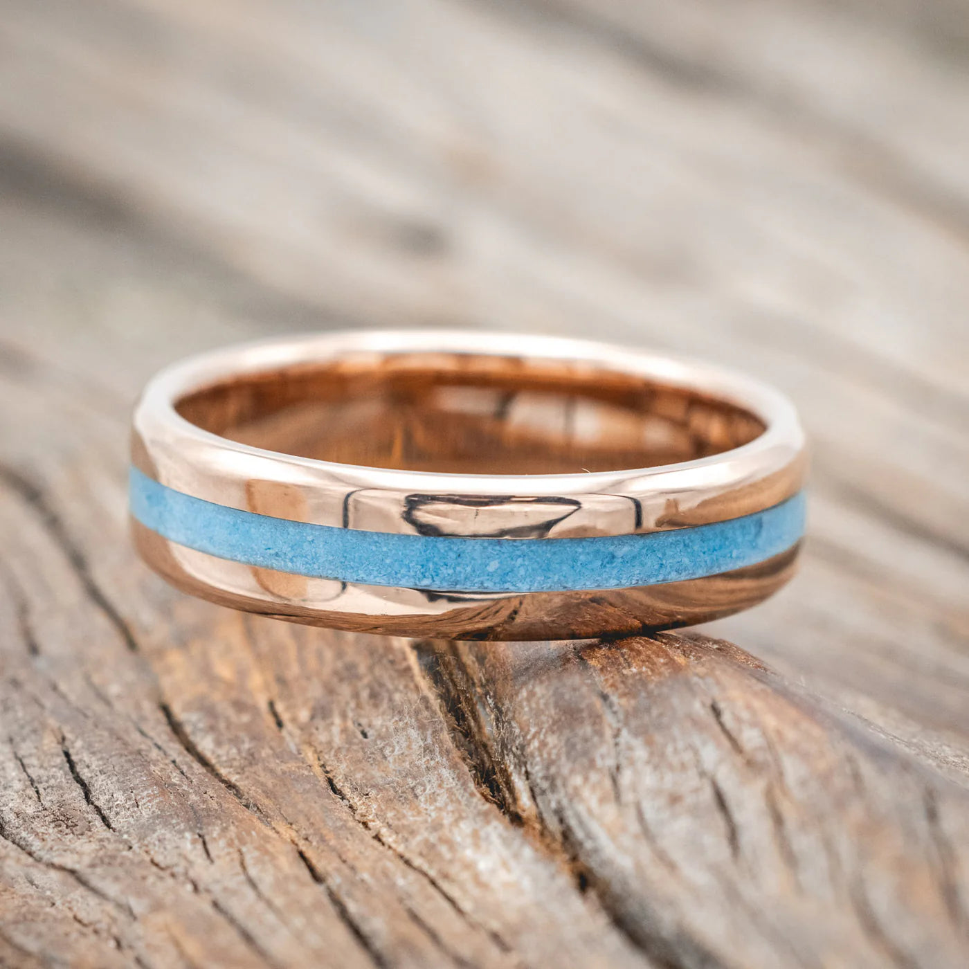 "NIRVANA" - CENTERED TURQUOISE WEDDING RING FEATURING A 14K GOLD BAND - 14K ROSE GOLD (6MM) - SIZE 12 1/4-Staghead Designs