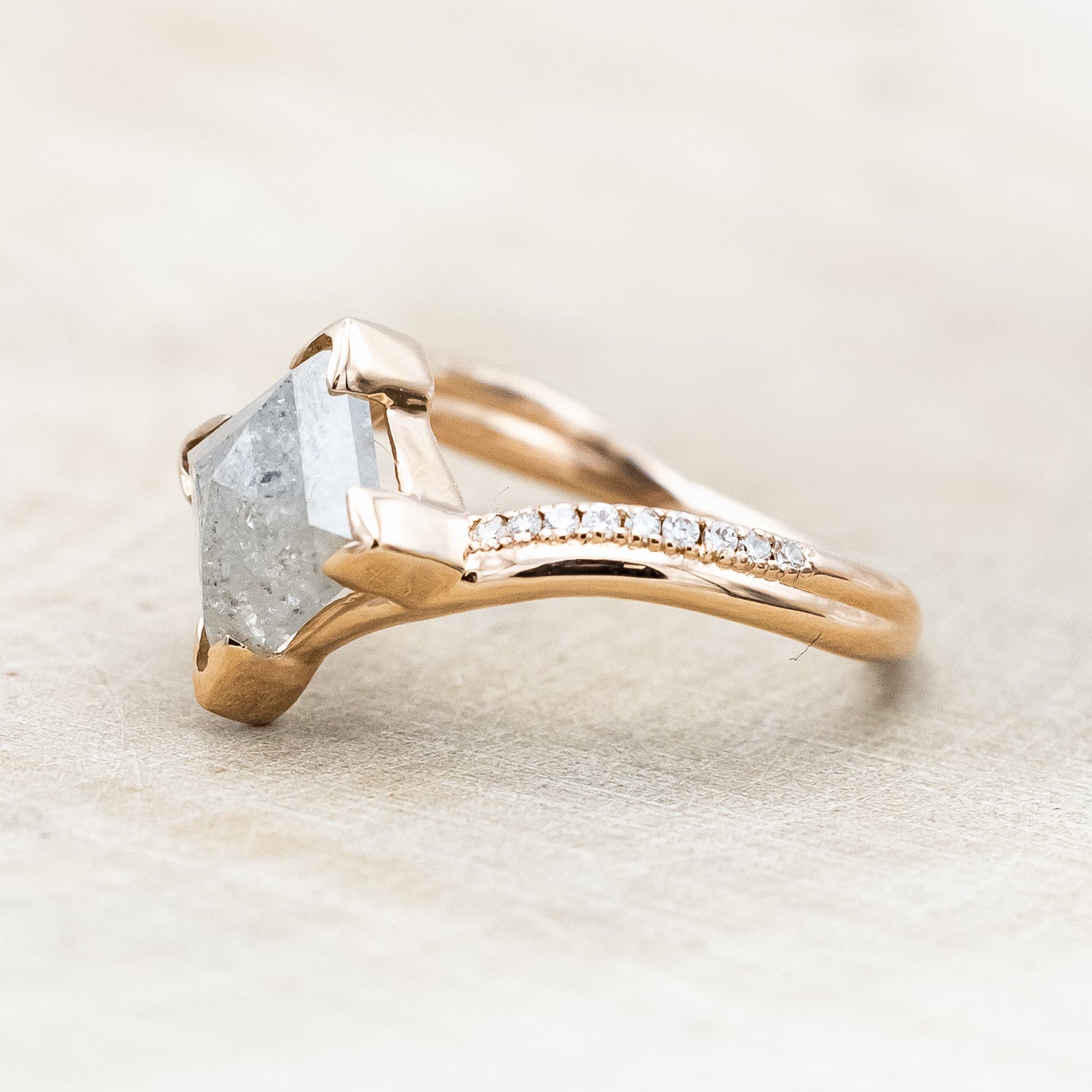 ONE-OF-A-KIND - "AURELIA" - LOZENGE ROSE CUT SALT & PEPPER DIAMOND ENGAGEMENT RING WITH DIAMOND ACCENTS-Staghead Designs
